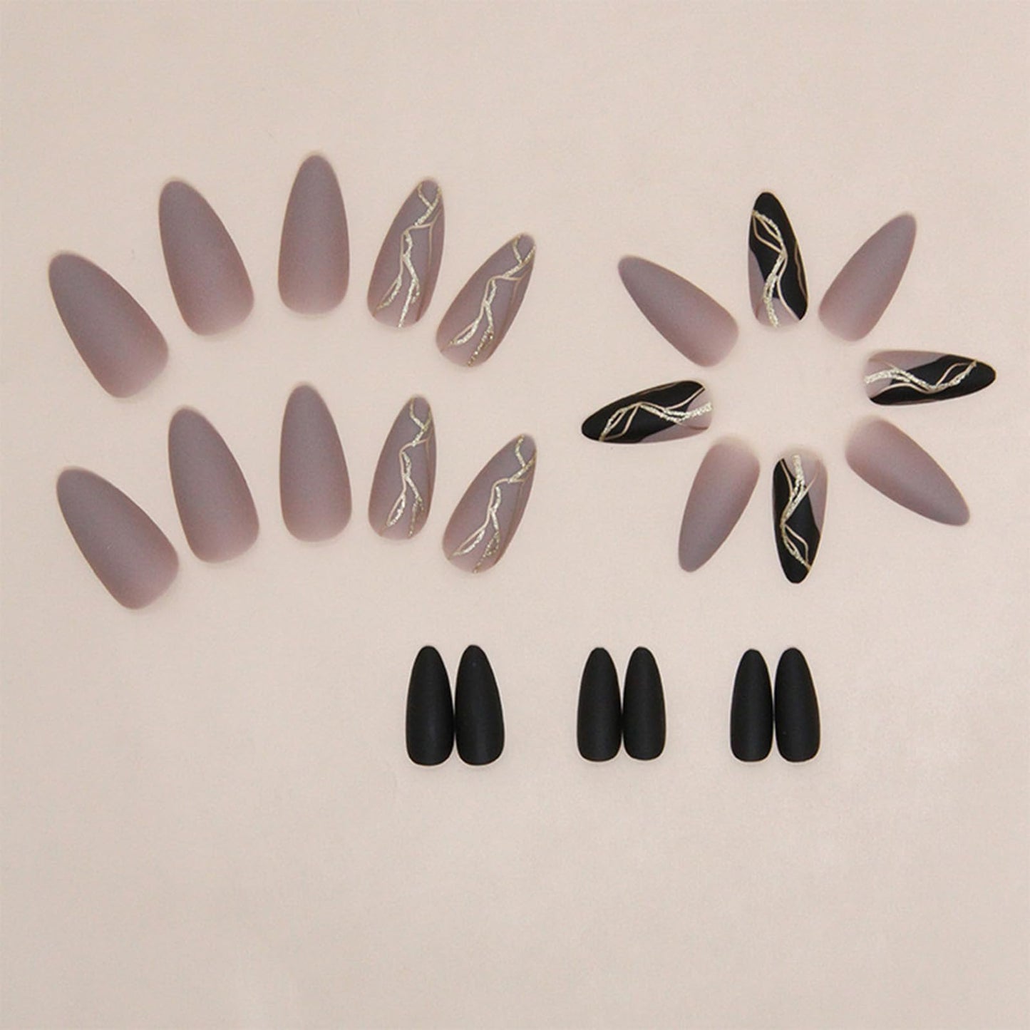 FJSMTOPl Almond Press on Nails Medium Fake Nails with Designs Grey Black False Nails Press ons Gold Foil Matte Acrylic Glue on Nails Artificial Stick on for Women Decorations 24Pcs