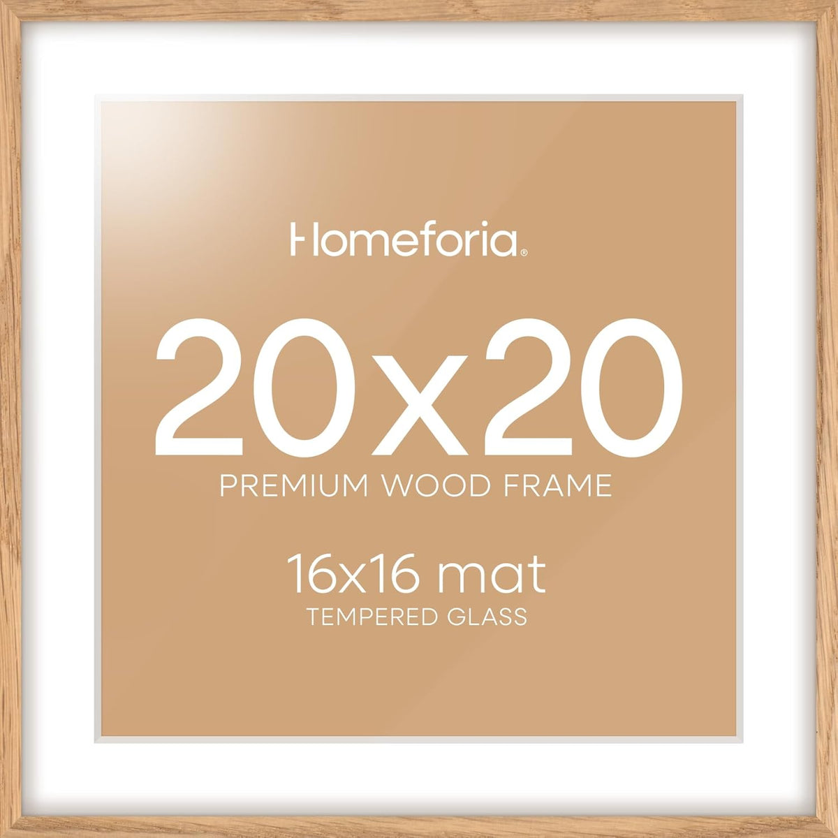 Homeforia 20x20 Wood Picture Frame, High End Natural Oak 20 x 20 Square Light Wooden Frames with Mat 16 by 16 inch Photo, 20by20 Poster Frames Matted to 16x16 Print, Tempered Glass, Wall Kit, Set of 1