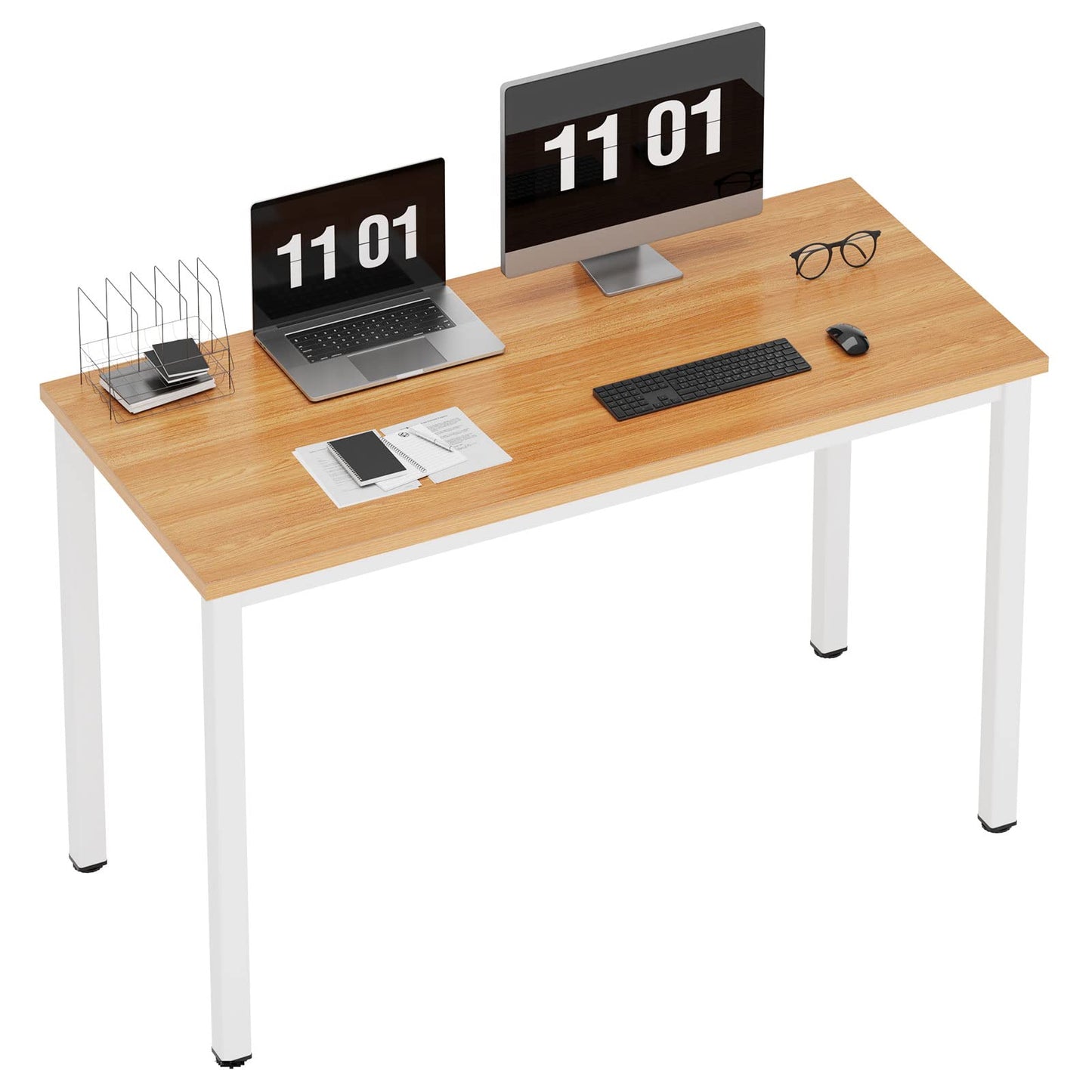 Need Computer Desk, 47 inch Home Office Desk, Modern Simple Style Home Office Gaming Desk, Basic Writing Table for Study Student, White Metal Frame, Teak Tabletop
