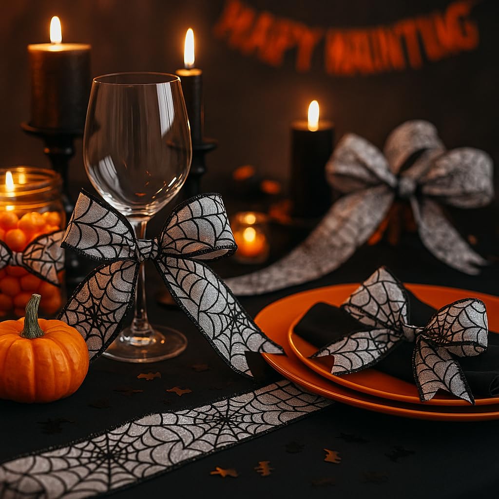 Designer’s Shop Halloween Wired Edge Ribbon 2.5” x 10 Yard for DIY Crafting, Home Décor (Spider Web- Black-White) WR 63-5113 Black Spider Web on White Satin Ribbon