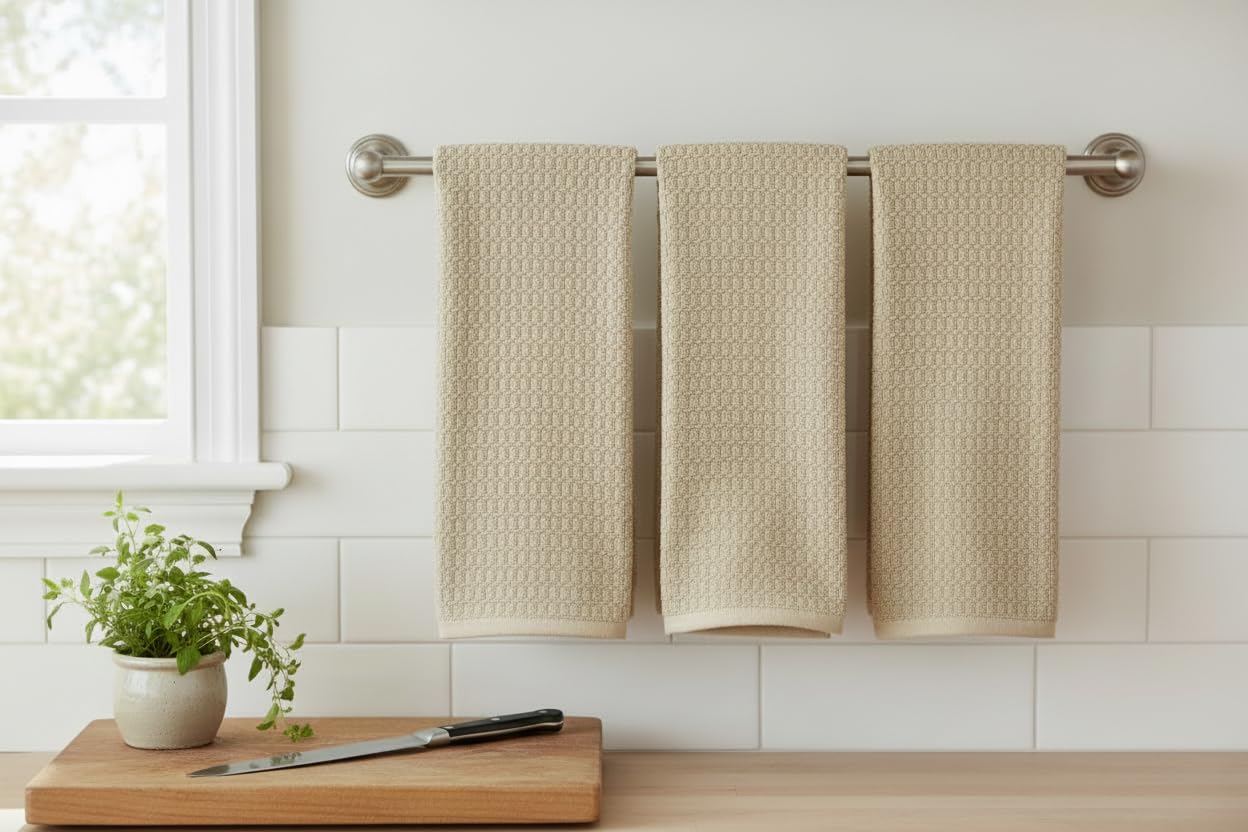 Serafina Home Tan Beige Kitchen Dish Hand Towels 100% Cotton Waffle Cloth Soft Cleaning Drying Absorbent Terry Box Loop: Set of 3 Multipurpose for Everyday Use Oversized 16" x 28"
