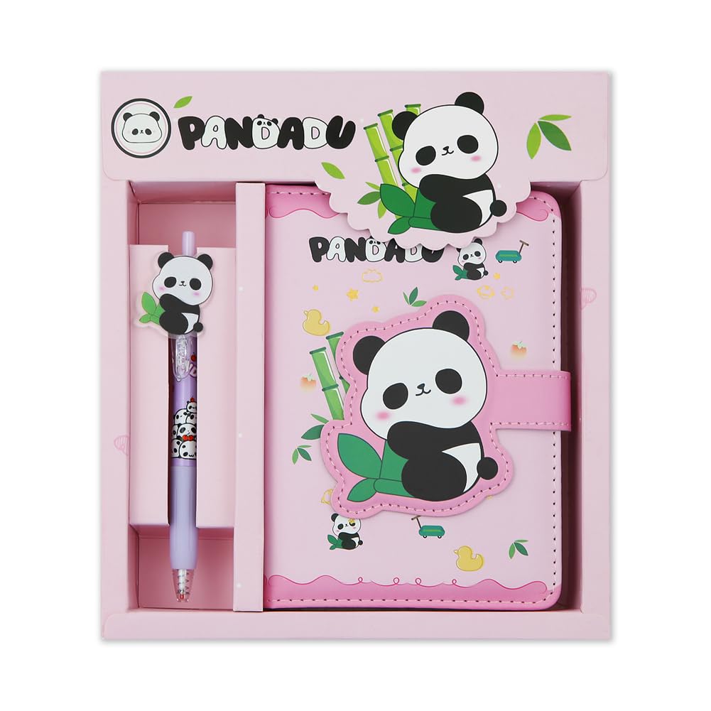 2 in 1 Cute Panda Theme Stationery Gift Box Set Includes 1 Pcs A6 Cartoon Panda Notebook Journal Hardcover Notepad Diary and Pen Gift for Birthday Christmas Kids Study Office School Supplies (Pink)