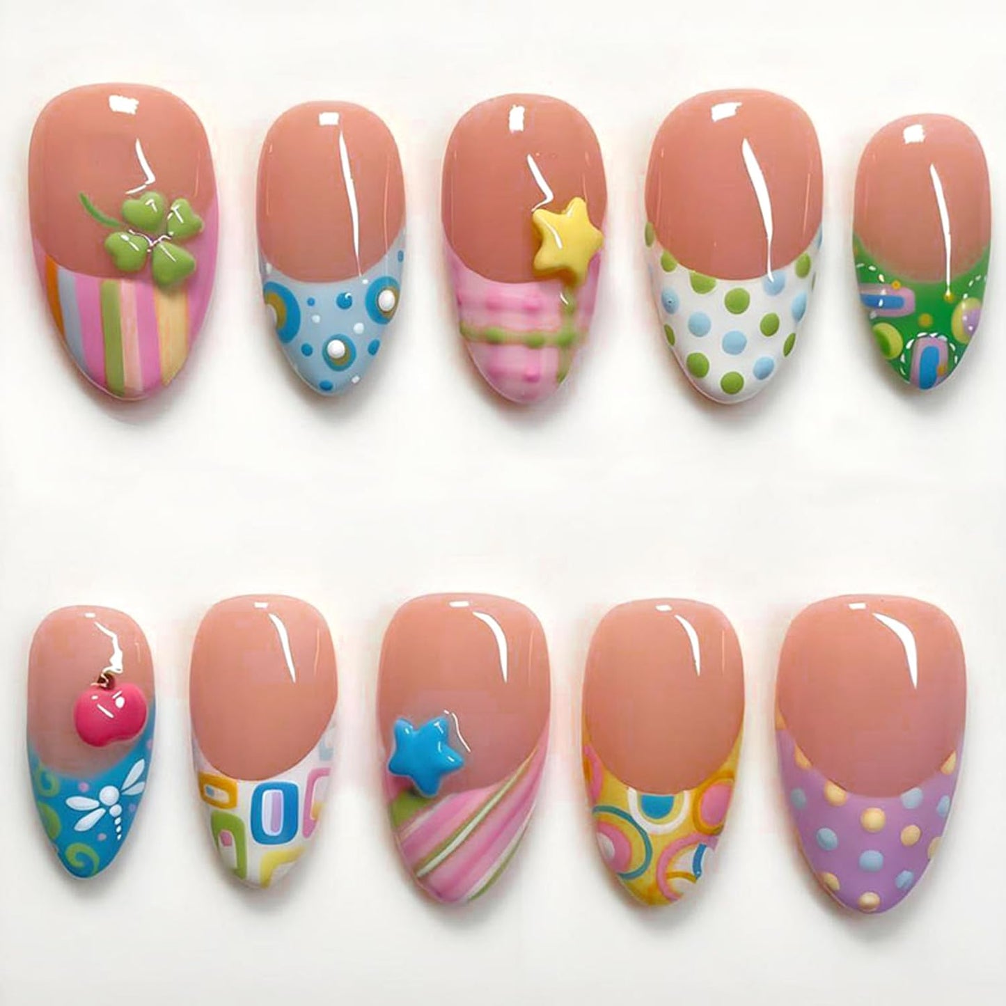 30Pcs Cute Almond Press on Nails Medium Fake Nails with 3D Floral, Star, Apple Embossed False Nails French Acrylic Nail Tip Four-leaf Clover Stick on Nails Artificial Nail for Women DIY Manicure