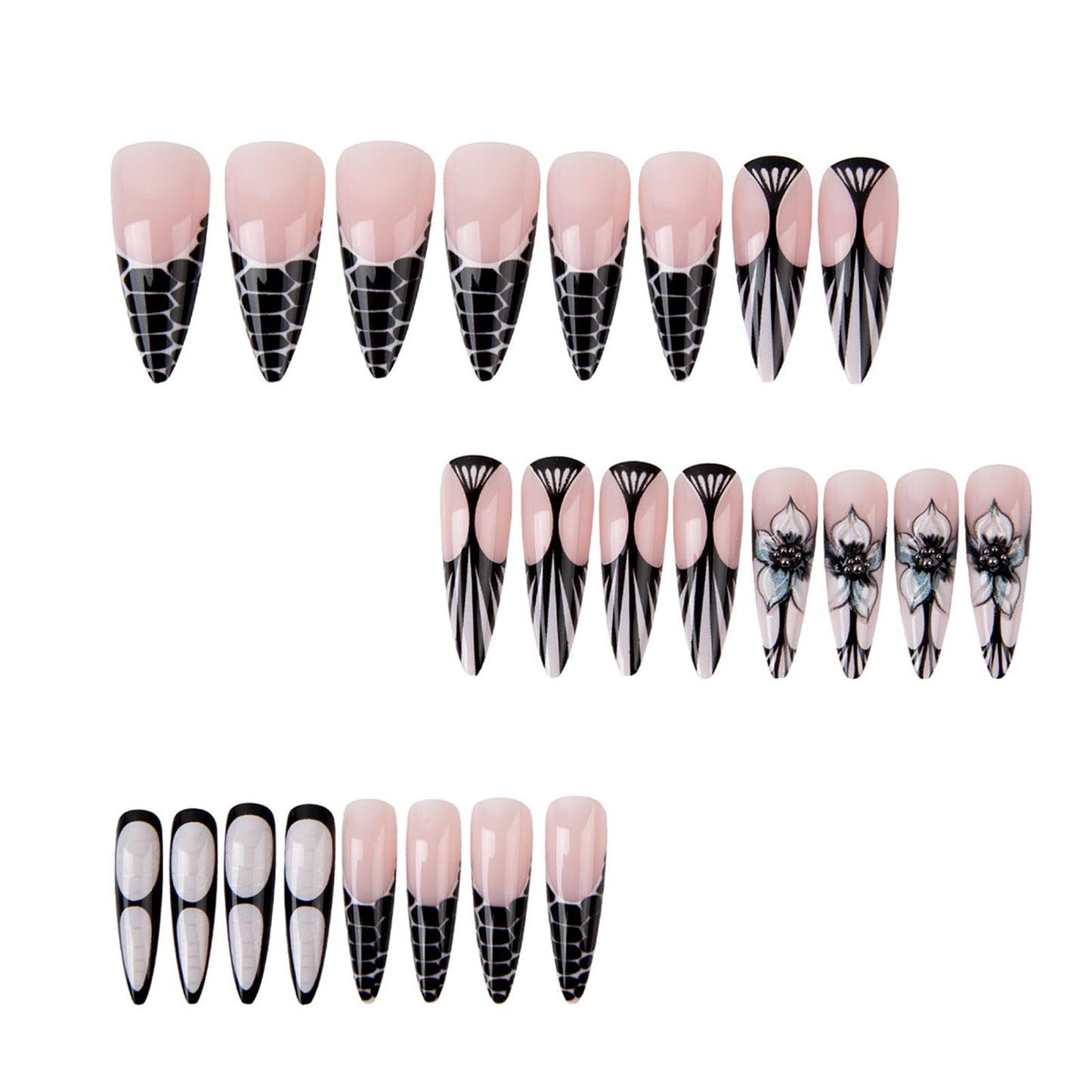 IMRAIN Press on Nails - Long Stiletto Fake Nails, Black French Tips False Nails with Flower Designs, Full Cover Acrylic Gel Glue on Nails