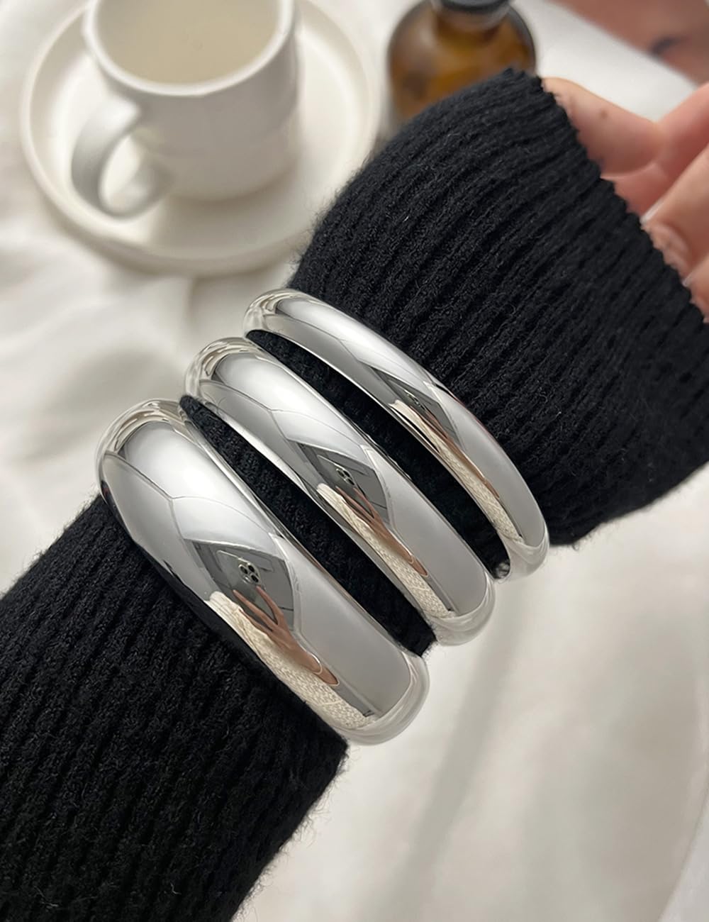 Chunky Gold Bangle Bracelets for Women, Dainty 14k Gold Plated Big Stackable Bangles Set, Trendy Statement Cuff Bracelet Stack Fashion Jewelry Gifts (3 Thick silver bangles)
