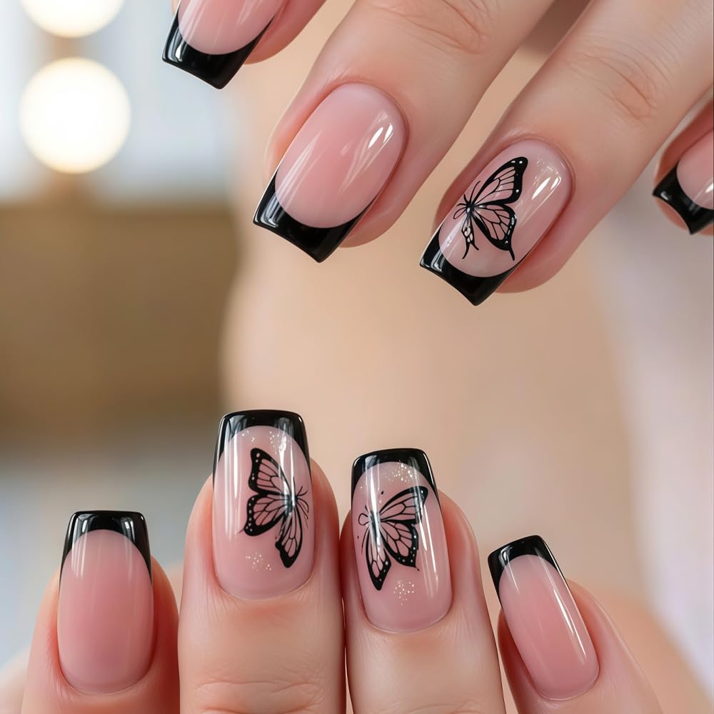 CTTHNBD Press on Nails Medium - Square Fake Nails with Butterfly Design - Black French Tip False Nails Press ons - for Women 24 Pcs