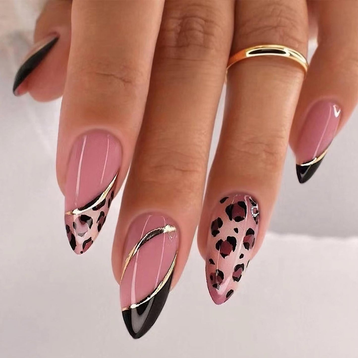MISUD Press on Nails - Medium Almond Glue on Nails with Black French Tip, Acrylic Cheetah Design 24 pcs