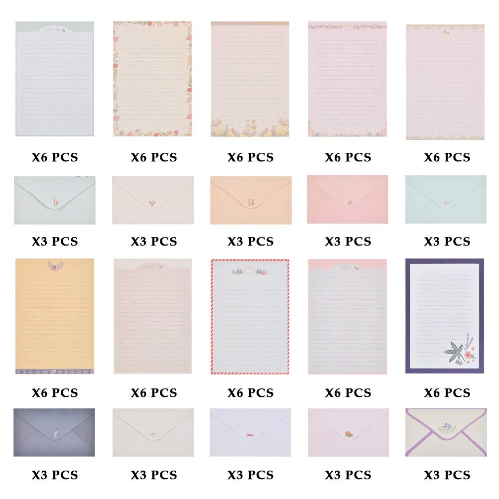 Stationery Letter Paper and Envelopes Set, 60 Sheets Cute Letter Writing Paper & 30 Lovely Envelopes, 10 Different Flora and Fauna Printed Design, Double-sided Printing, A5 Size