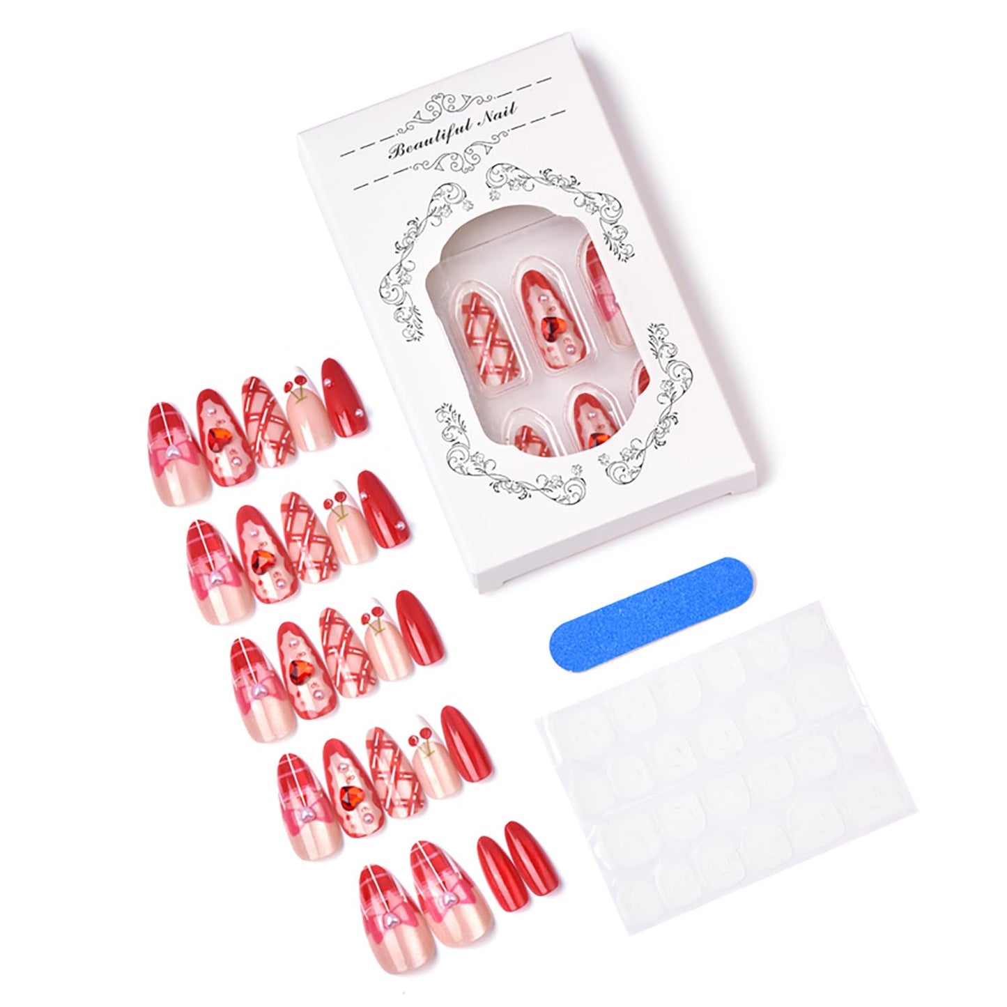 30pcs Valentines Press on Nails Medium Almond French Tip Fake Nails Red Stripe Full Cover False Nails with 3d Heart Rhinestones Designs Glue on Nails Pink Bow Artificial Stick on Nail Supply for Women