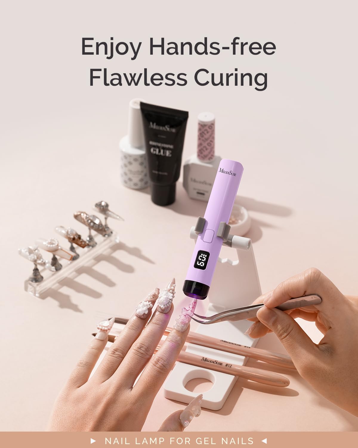 MelodySusie Handheld UV Light for Gel Nails with Stand, Mini Portable Cordless Nail Lamp with LCD Display, Eye-Protective Cover, Flash Curing for Glue, Purple