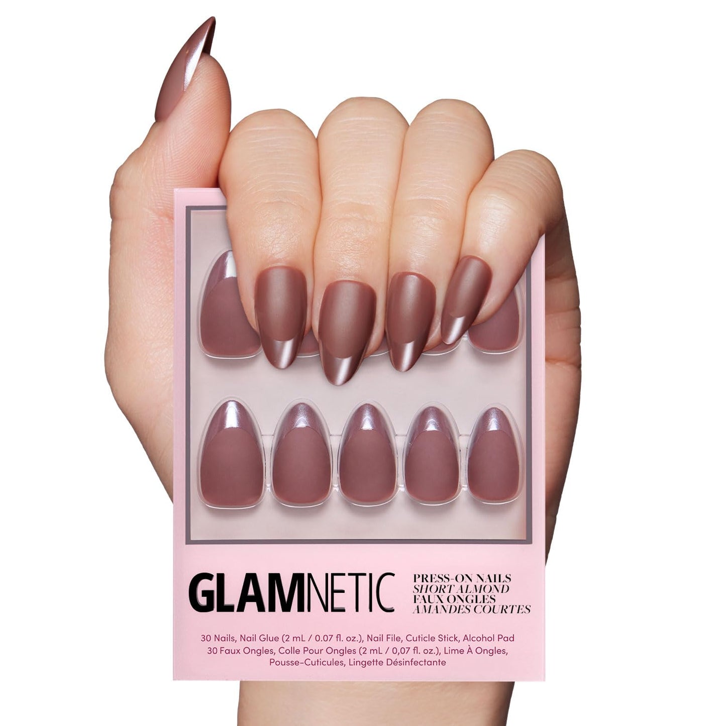 Glamnetic Press On Nails - Terra | Short Almond Dark Brown Fake Nails with Glossy French Tips in a Matte Finish, Salon Quality, 15 Sizes - 30 Nail Kit with Glue
