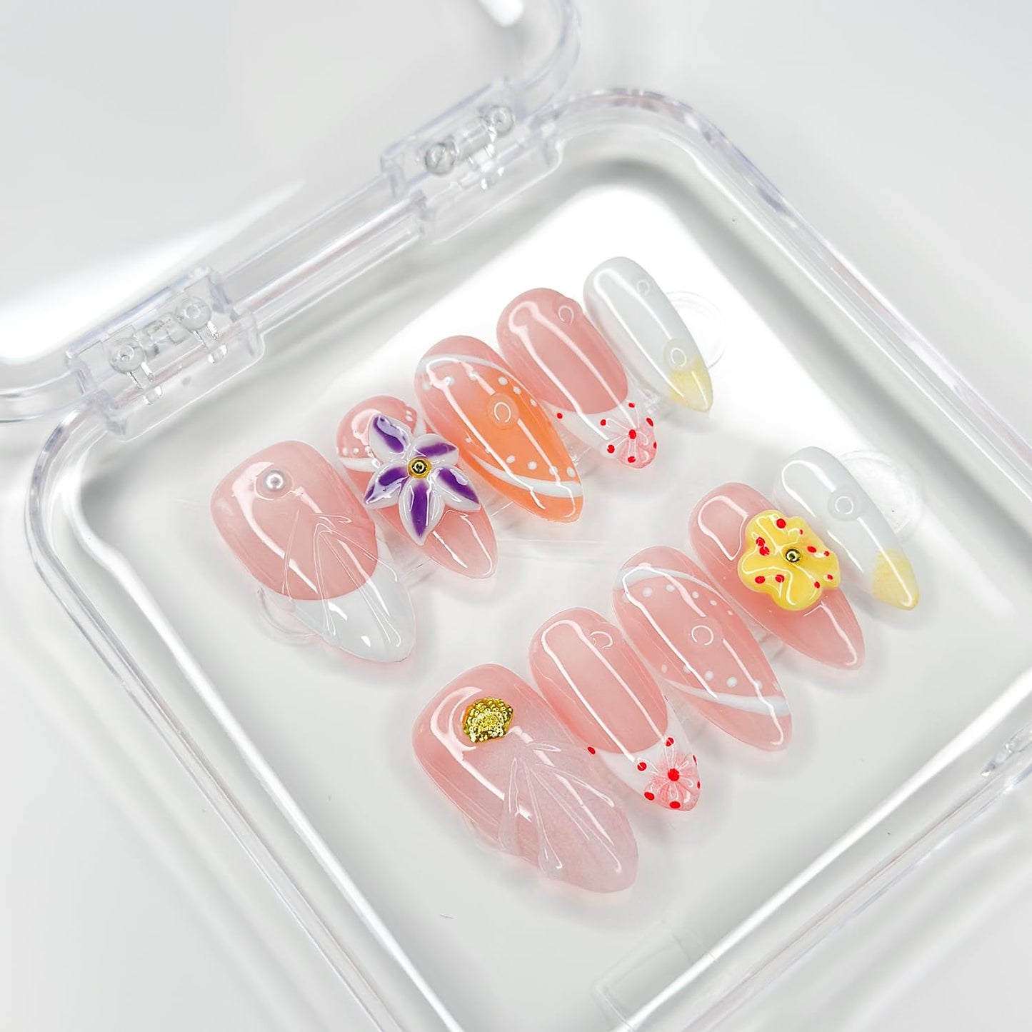 Luxury Press on Nails Medium Almond Handmade 3D Unique Reusable ABS Material Fake Nails French Tip False Nails with Designs Yellow&Purple Floral Art Petal Glossy Glue on Nails Thick Acrylic Nails(M)