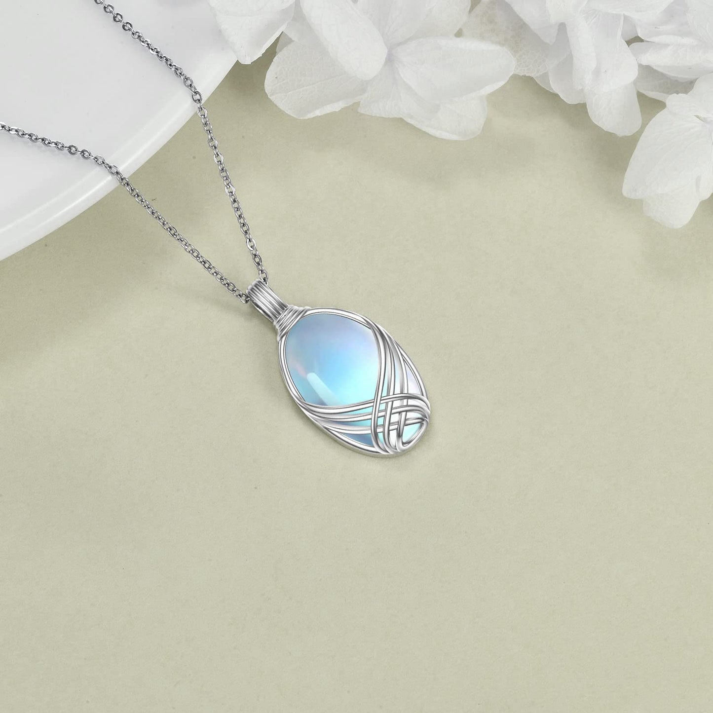 YAFEINI 925 Sterling Silver Moonstone Necklace Filigree Teardrop Pendant Necklace Jewelry for Women(E-Oval Moonstone Necklace)