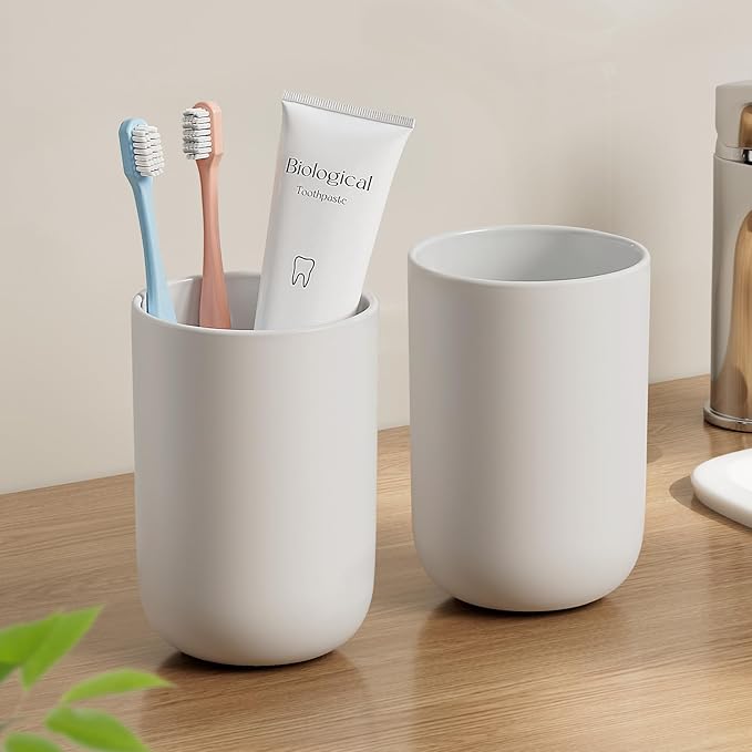 MOPMS Toothbrush Cup 13oz 380ml, Unbreakable Reusable Bathroom Tumbler 2Pcs, Non-Slip Plastic Bathroom Cup Toothbrush Holders for Bathroom, Grey