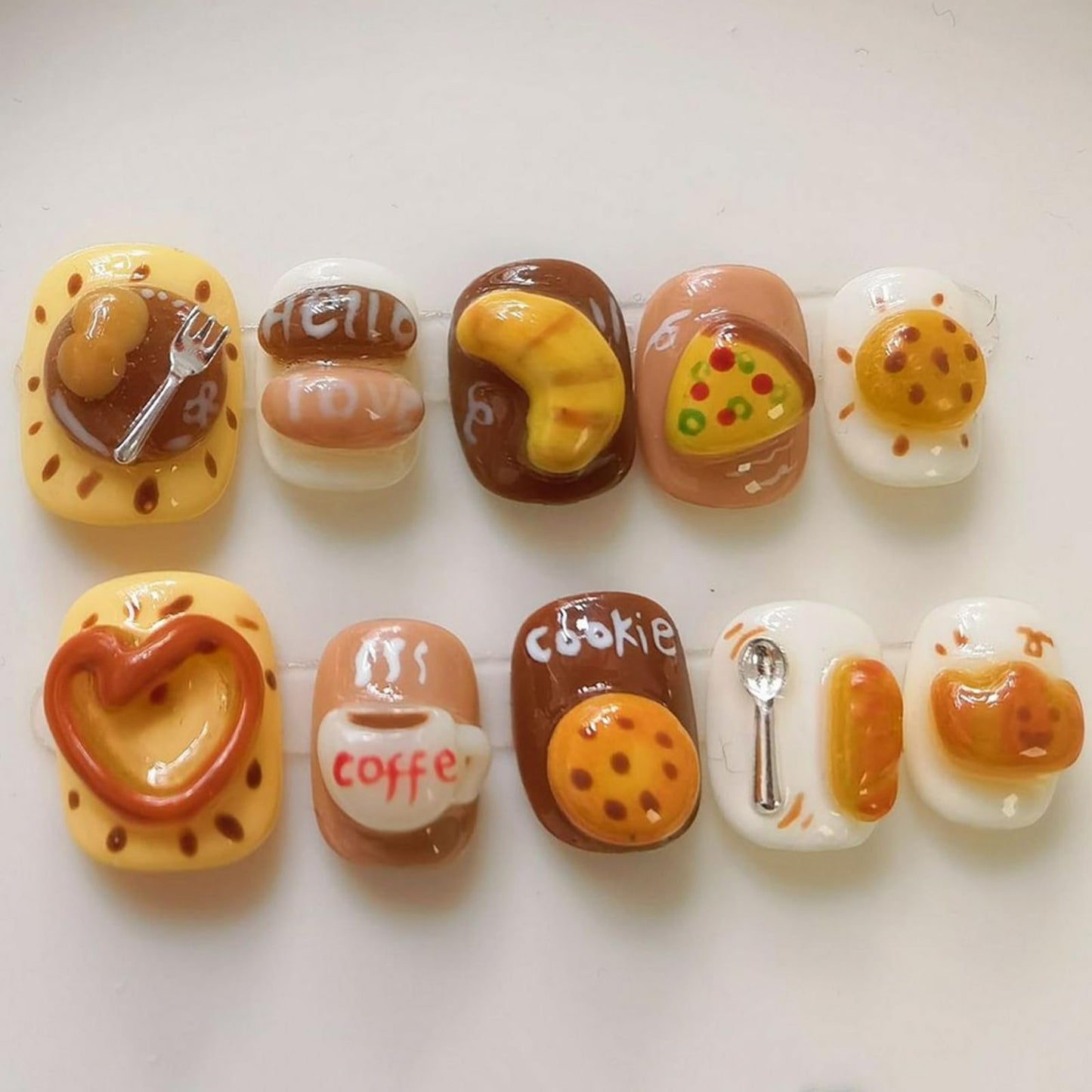 Cute Handmade Press on Nails Extra Short Square 3D Unique Reusable ABS Material Fake Nails Luxury Breakfast False Nails with Designs Bread Pizza Bread Art Glossy Glue on Nails Thick Acrylic Nails(M)