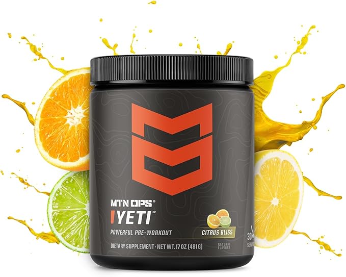 MTN OPS Yeti Pre-Workout Powder Energy Drink with Creatine, 200mg Caffeine & BCAAs with Beta Alanine, 30-Serving Tub, Citrus Bliss