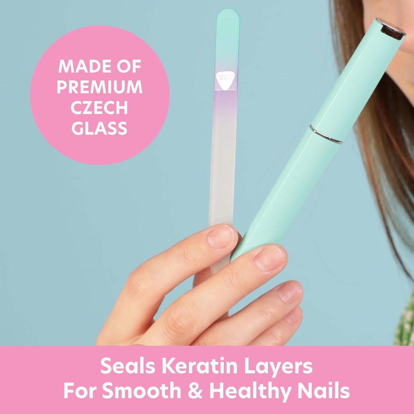 Bona Fide Beauty Czech Glass Nail File with Case, Pastel Green Violet Premium Crystal Nail File for Natural Nails. Nail Care Tool Gifts for Women
