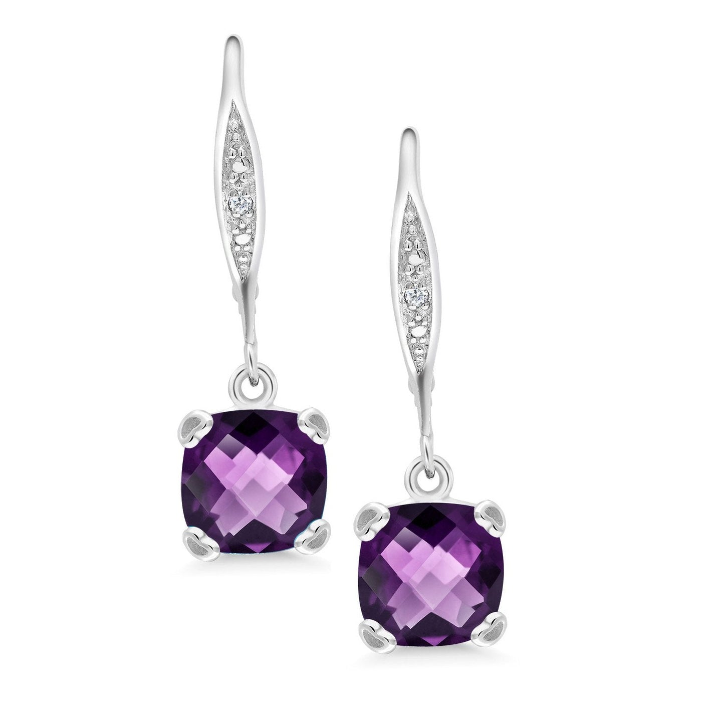 Gem Stone King Drop Dangle Earrings For Women | 7MM Cushion Cut Gemstone Birthstone and Diamond | 925 Sterling Silver | Jewelry Gift for Mom Wife Her | Amethyst-Checkerboard-February | Sterling Silver