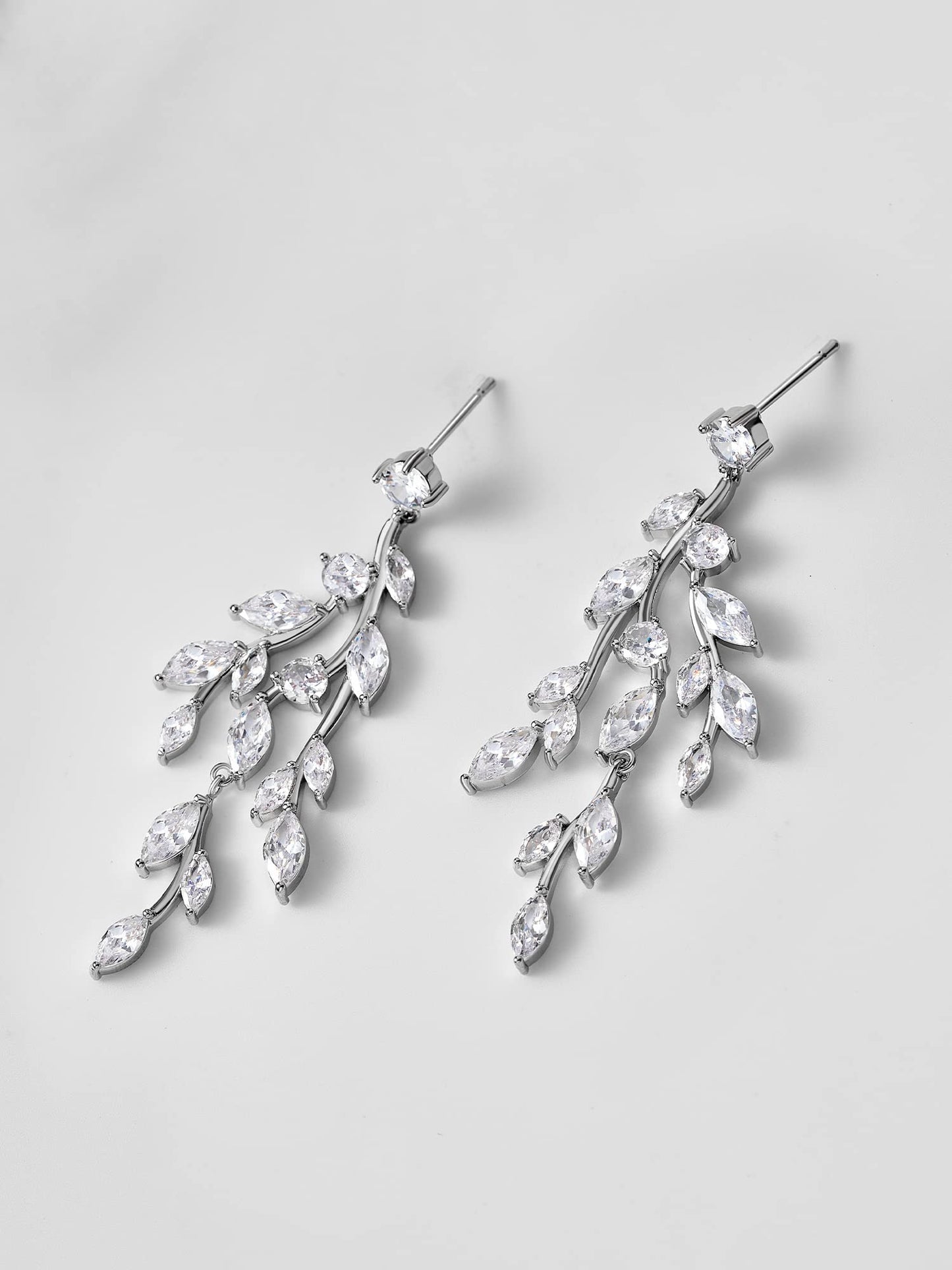 SWEETV Leaf Bridal Drop Earrings - Silver Cubic Zirconia Dangling Earrings for Brides, Bridesmaids, Prom, Formal Party, Style2