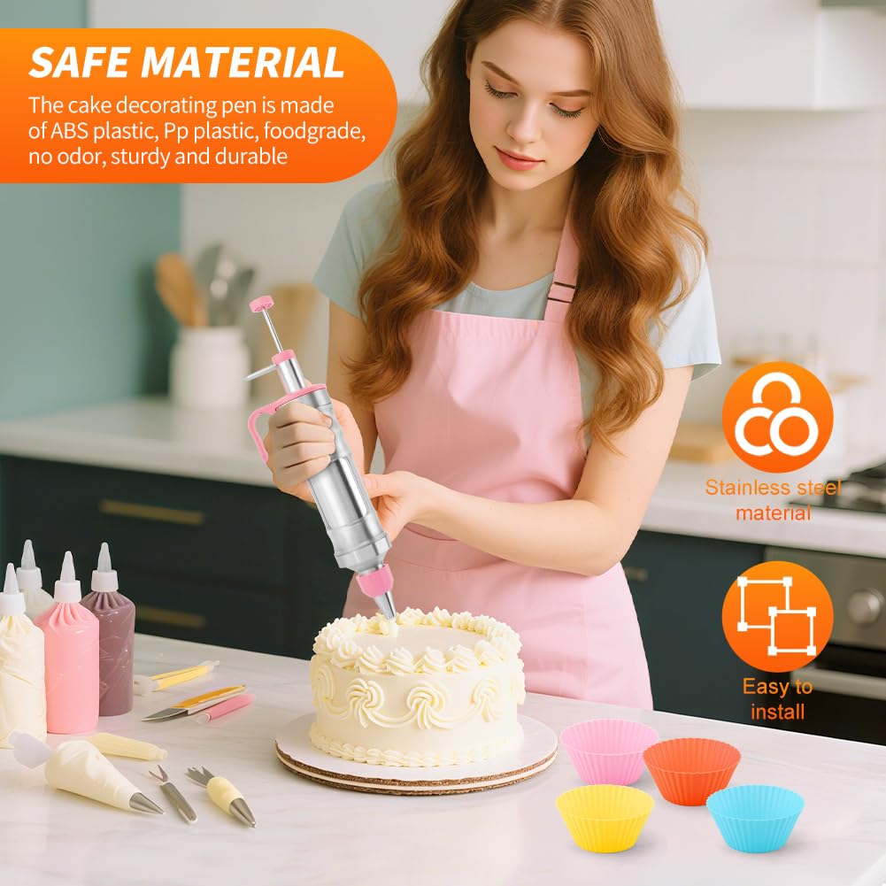 Dessert Decorating Syringe Set, 24Pcs Frosting Piping Kit with 6 Piping Tips, 12 Silicone Cupcake, Stainless Steel Cupcake Decorating Kit Piping Bags and Tips Set