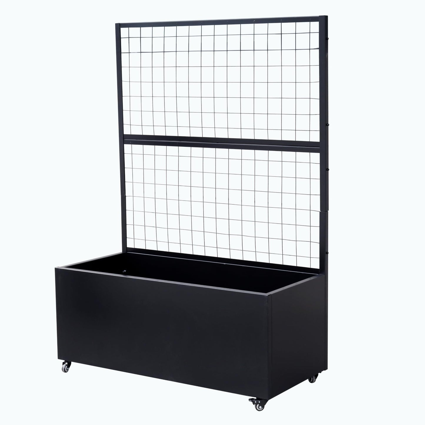 Metal Rolling Planter Box with Lattice Trellis – Modern COR-Ten Steel Trough on Casters | 66” x 46” x 21” (Black)