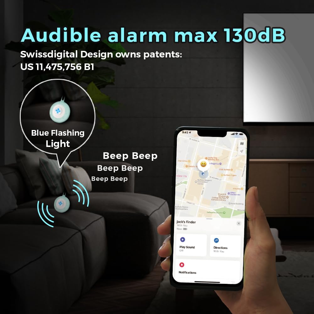 Swissdigital Design Bluetooth Locator Keychain | 4 Pack| - Works with Apple Find My - Sound and Light Notification for Luggage, Keys and Personal Items - Glacier Green (SD9507FP4)