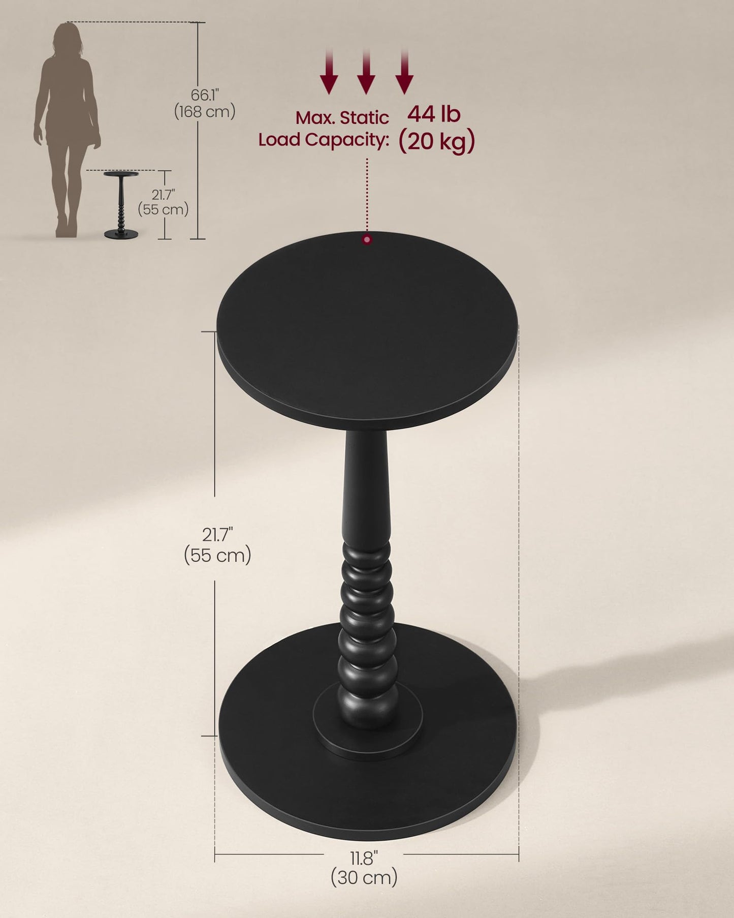 VASAGLE MARIEL Collection - Round Side Table, Small Drink End Table for Small Spaces, Accent Nightstand, Solid Wood Leg, Mid-Century Modern, for Living Room Bedroom, Ink Black ULET293BC01S