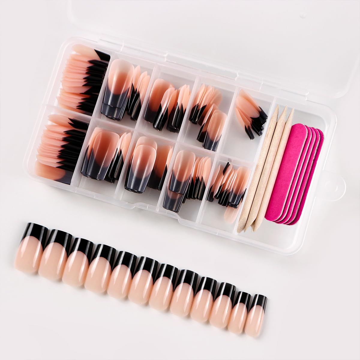 120 Pcs French Tip Press on Nails Medium Square Fake Nails Black French Nails Press on Medium Glossy Nude Acrylic Nails Full Cover Artificial False Nails Glue on Nails with Adhesive Tabs for Women