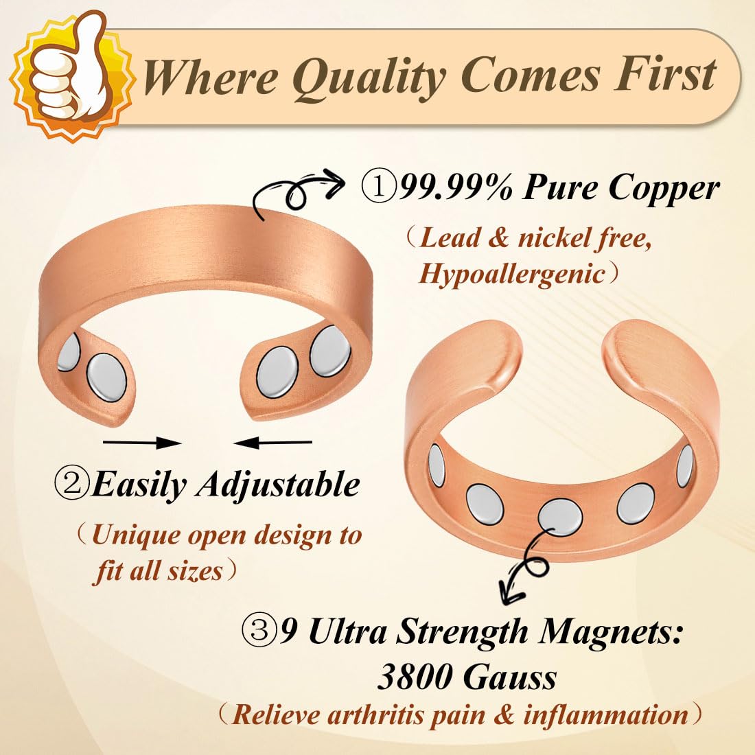 Cigmag 9X Copper Rings for Women Men, with Powerful Magnets, Adjustable Solid Pure Copper (Matte)