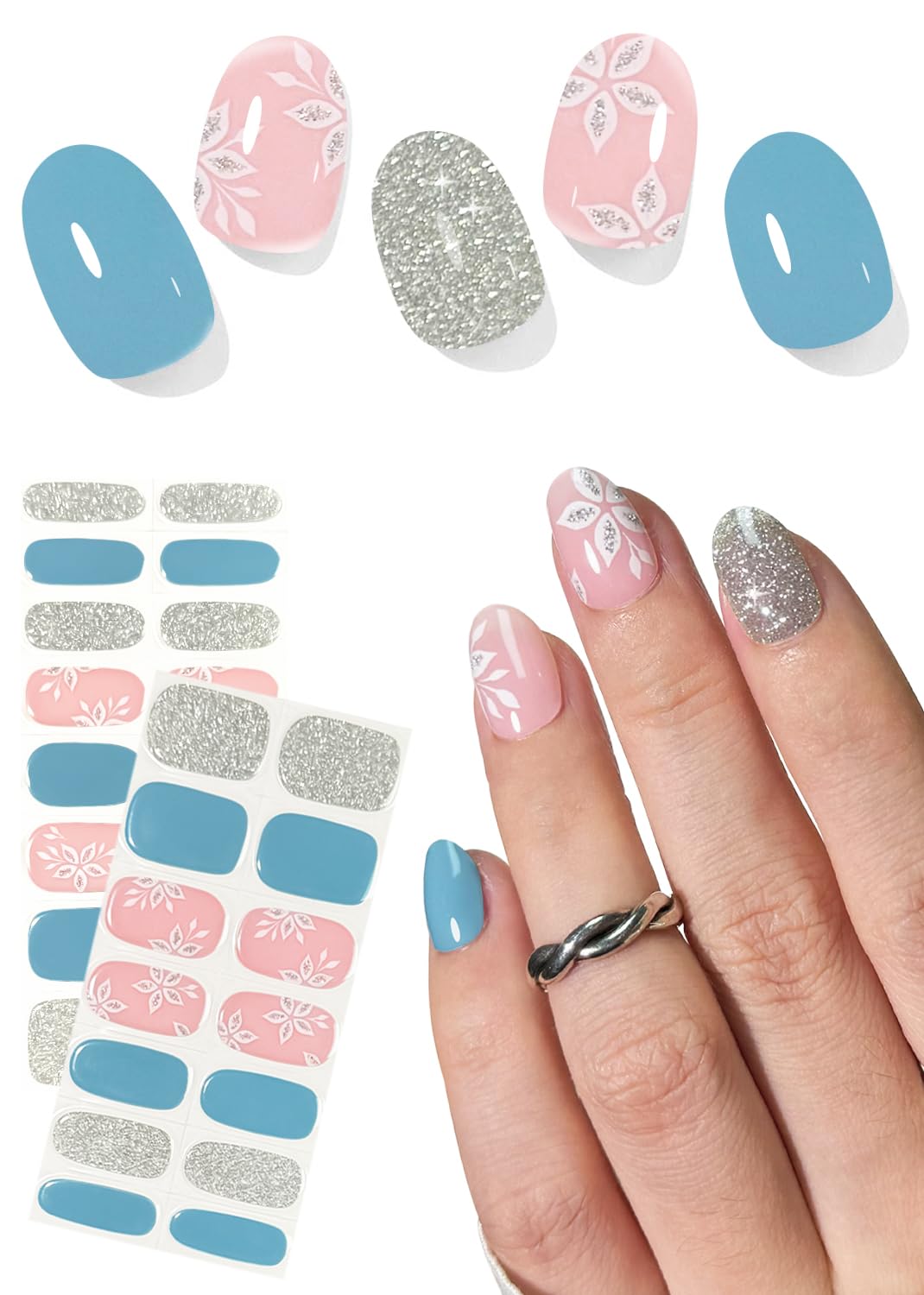 Semi Cured Gel Nail Strips, No LED Lamp Needed, Blue Glitter Flower Gel Nail Stickers, Wraps for Home Manicure DIY