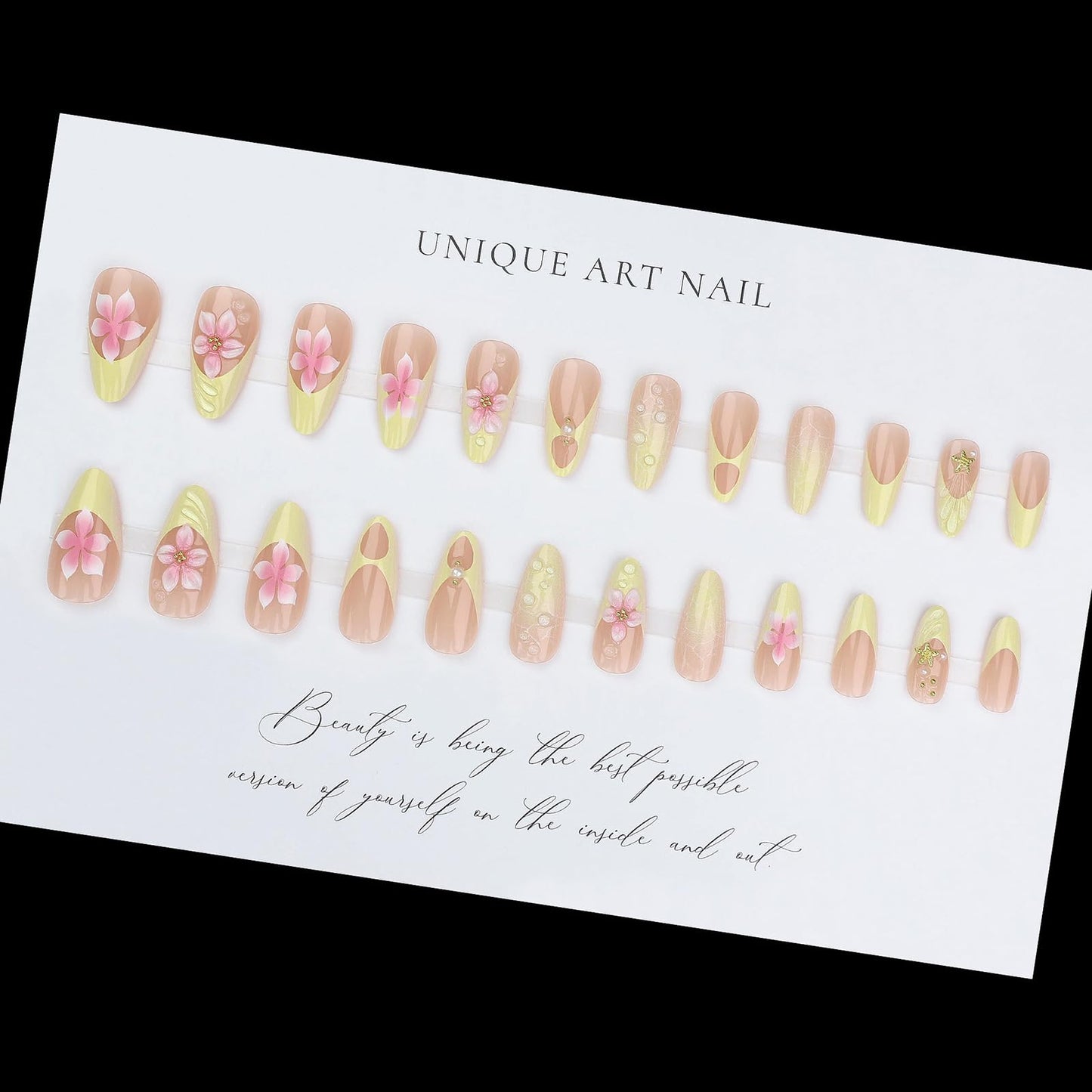 French Tip Press on Nails Long Almond Fake Nails 3D Flower Glossy False Nails Gradient Creamy Yellow Stick on Nails for Women Nail Art 24Pcs