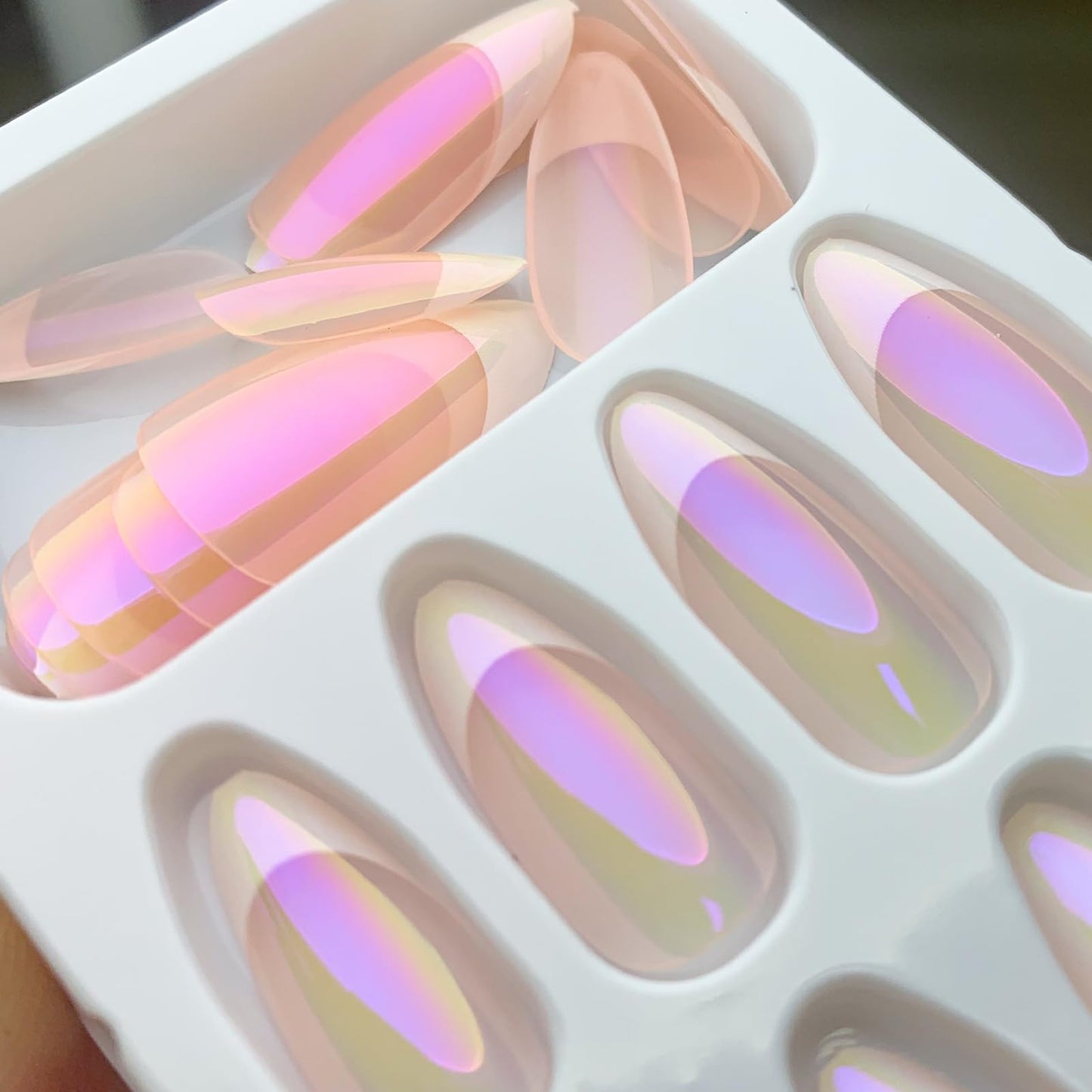 French Tips Press On Nails Almond Chrome Glossy Pearl Powder Full Cover Acrylic Nails with Mirror Glue Ons for Women - 24 Pcs