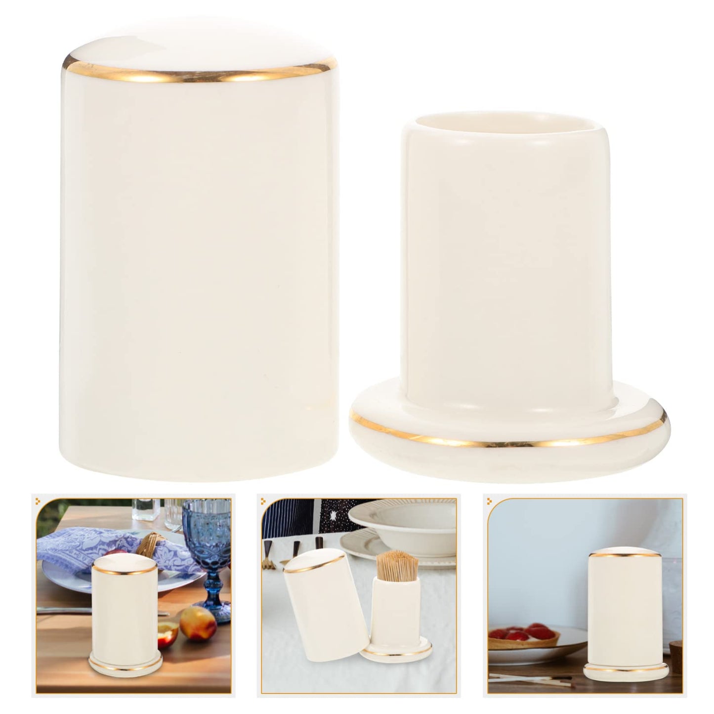 Zerodeko Ceramic Toothpick Holder with Lid Porcelain Toothpick Dispenser Box for Home Restaurant Desktop Container Dustproof Moisture Resistant White Gold Trim