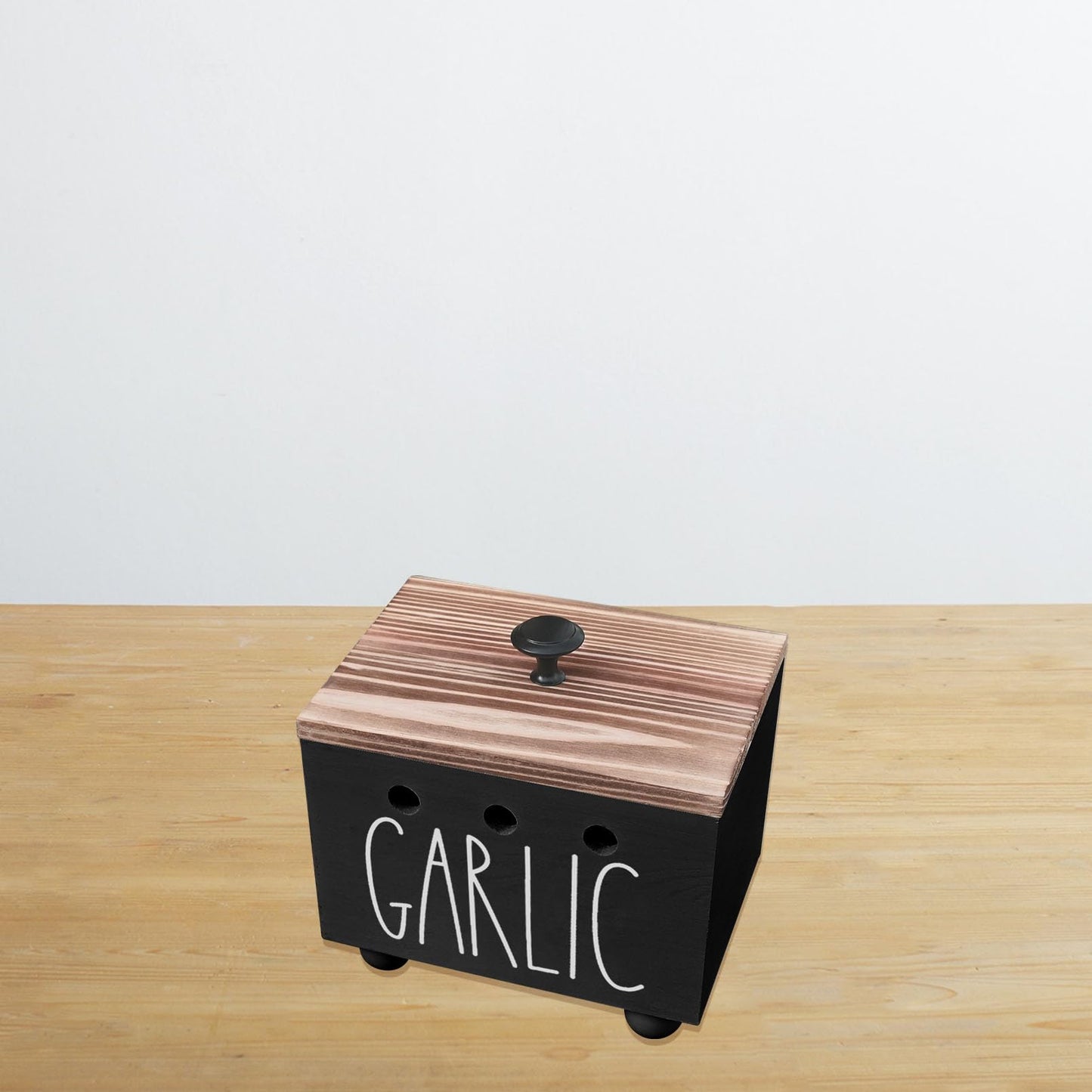 CHONIC Garlic Keeper, Farmhouse Garlic Holder for Counter, Rustic Garlic Container, Wood Garlic Storage Box, Garlic Organizer Bin, Garlic Saver for Kitchen Countertop(Black)