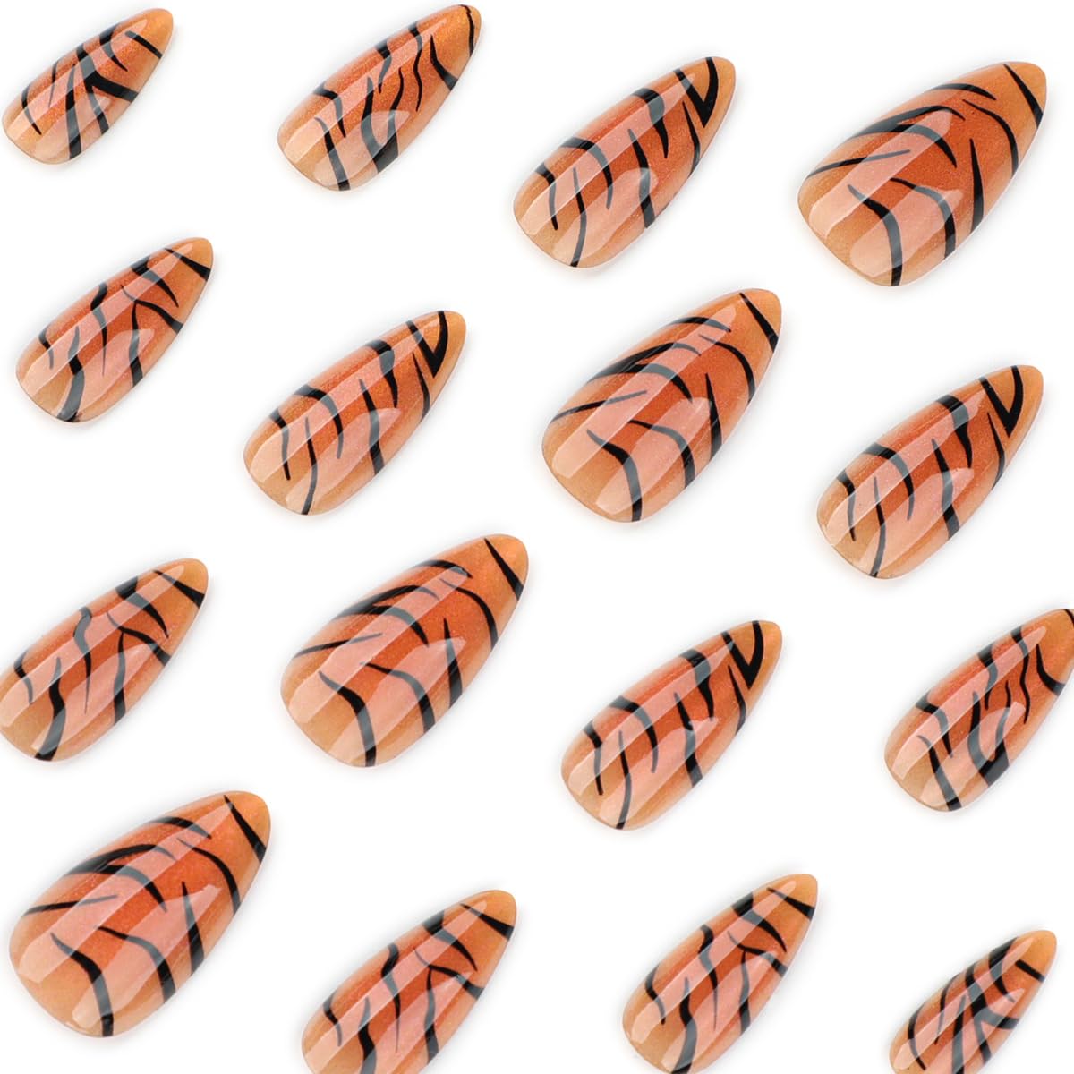 Tiger Print Press on Nails Medium Almond Fake Nails with Design Full Cover Glue on Nails for Women Manicure,Reusable | Nail Sticky Tabs | Easy Apply | 24Pcs