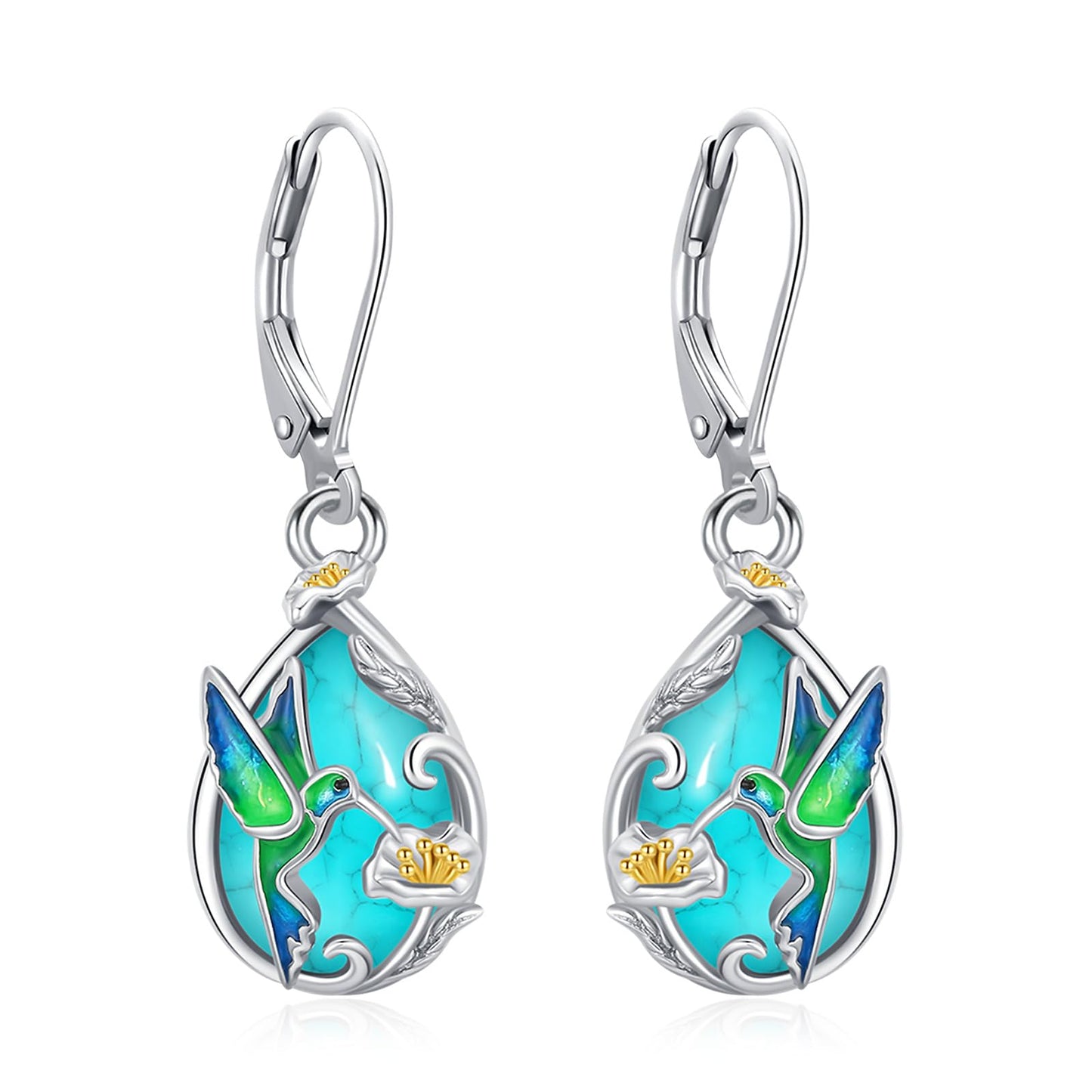 Eusense Turquoise Earrings Sterling Silver Hummingbird Earrings for Women Teardrop Drop Elegant Nature-Inspired Hummingbird Jewelry Gift