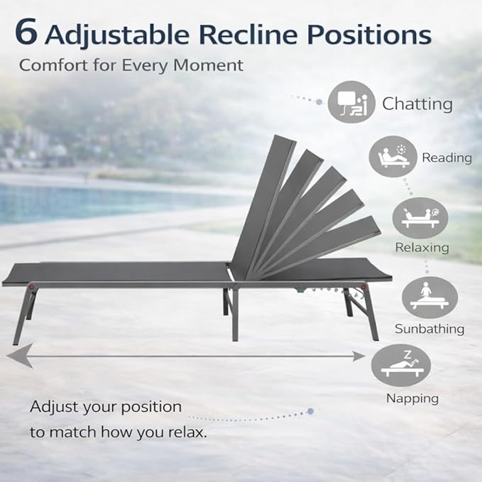 Kozyard Outdoor Foldable Lounge Chair, Aluminum Frame Patio Lounger with 5-Position Adjustable Backrest, Breathable Textilene Fabric, Assemble-Free, Reclining & Full-Flat Poolside (Gray, No Table)