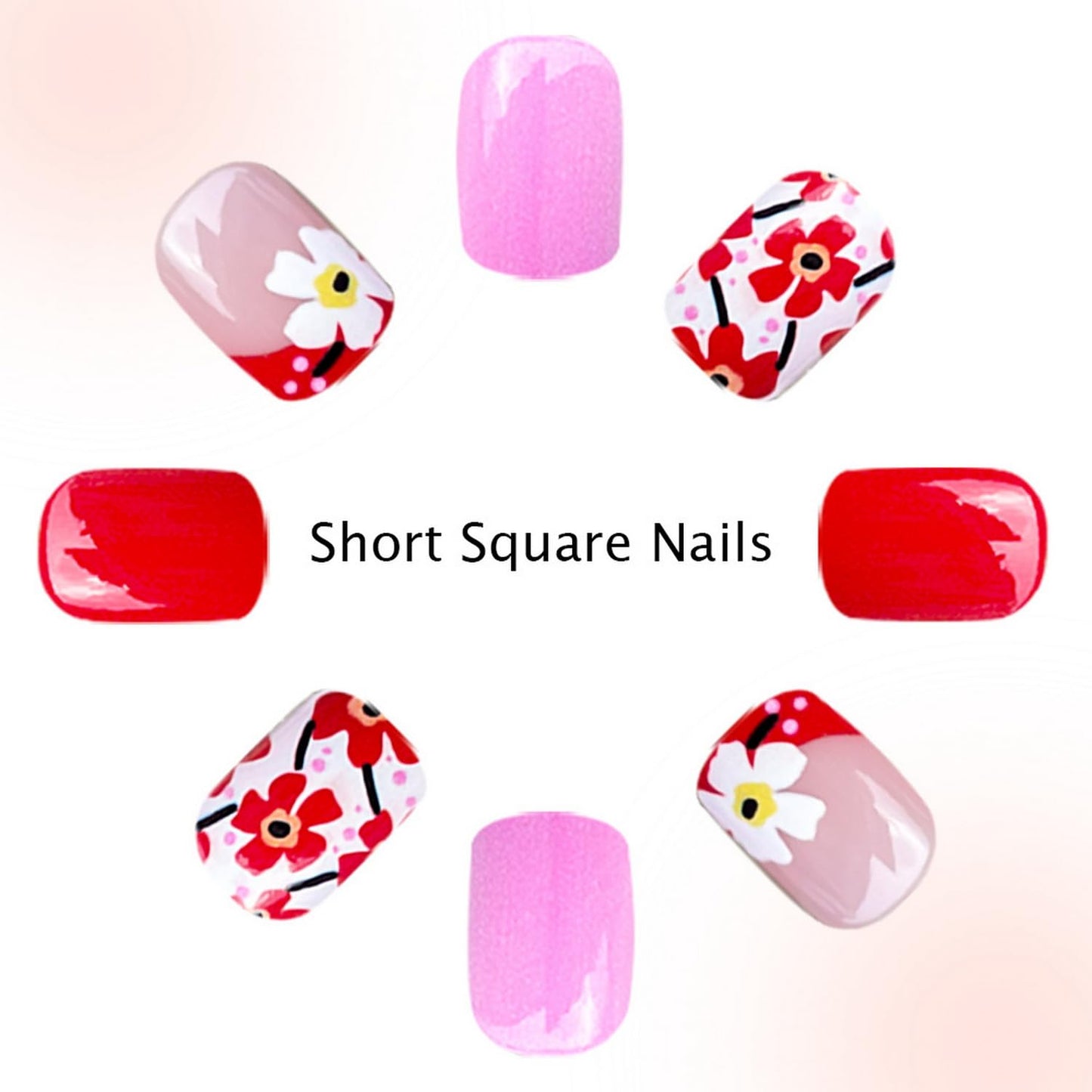 24pcs Short Square Press on Nail Flower Fake Nails Pink Red Press ones with deisgns Acrylic False Nails French Tip Stick on Nail Glossy Cute Glue on Nails for Women Spring Summer