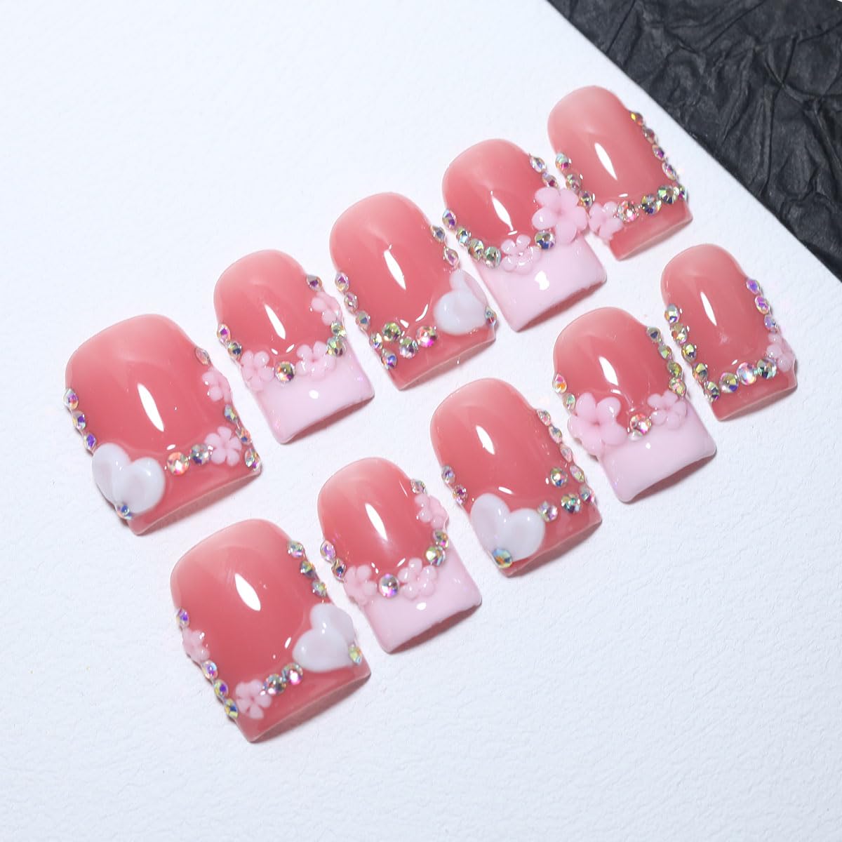 10Pcs Short Square Handmade Press On Nails | Easy Apply & Remove, Reusable Salon Quality Nails | Sweet Blush Pink Fake Nails with 3D Heart, Floral & Rhinestone Accents (O904, S)