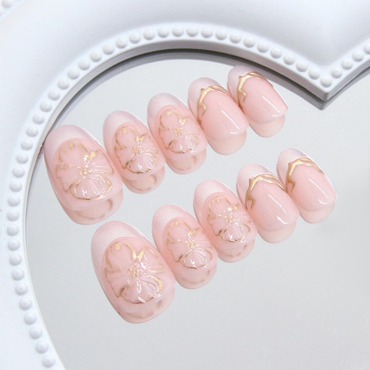 Silver French Tip Press on Nails Short Almond, Gold Flower Line Fake Nails with Glue, Pink Stick on Nails Full Cover Glossy False Nails for Women DIY Manicure Decoration, 24PCS