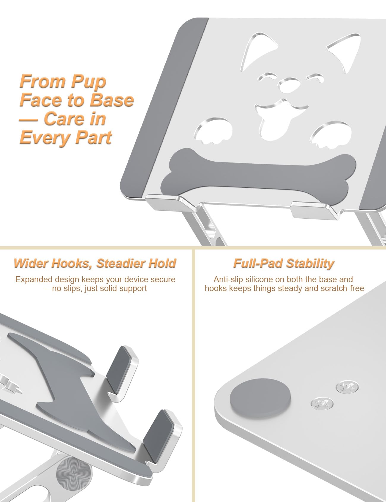 Aoviho Laptop Stand for Desk-Adjustable, Foldable, Portable, Ergonomic Aluminum Notebook Riser with Unique Puppy Cooling Vent, Desk Gift for 10"-17.3" Devices Mac, Dell, HP, Lenovo, Samsung, Silver