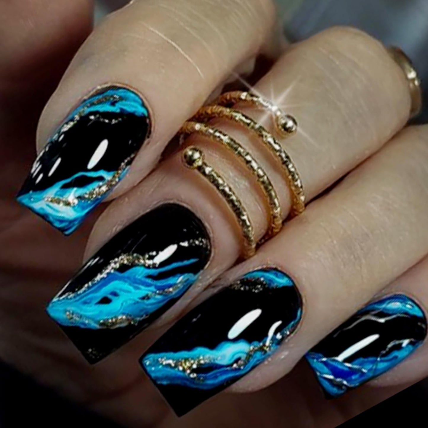 Vopintpy Blue Marble Press on Nails Medium Square Fake Nails with Design Glossy Acrylic Glue on Nail Reusable Full Cover Artificial Stick on Nail for Women DIY Manicure