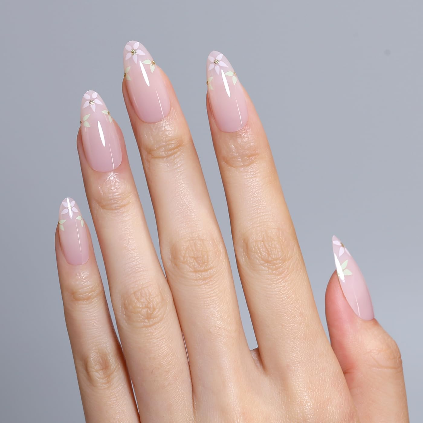 Goolich Baby Pink Press On Nails Medium Almond, Floral Print Nails Press ons Set with Adhesive Tabs, 24 Pcs 12 Size Reusable Full Cover Glue on Nails for Women