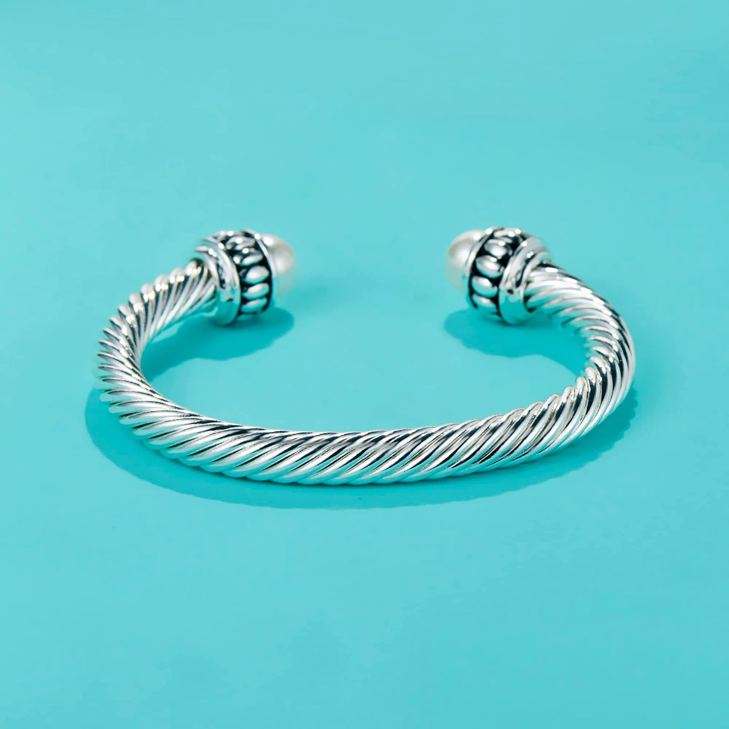 UNY JEWEL Jewelry Make a Statement Two Tone Twisted Cable Wire Caviar Imitation Pearl Cuff Bangle Makes a Stylish Christmas Gift (Silver Cream)