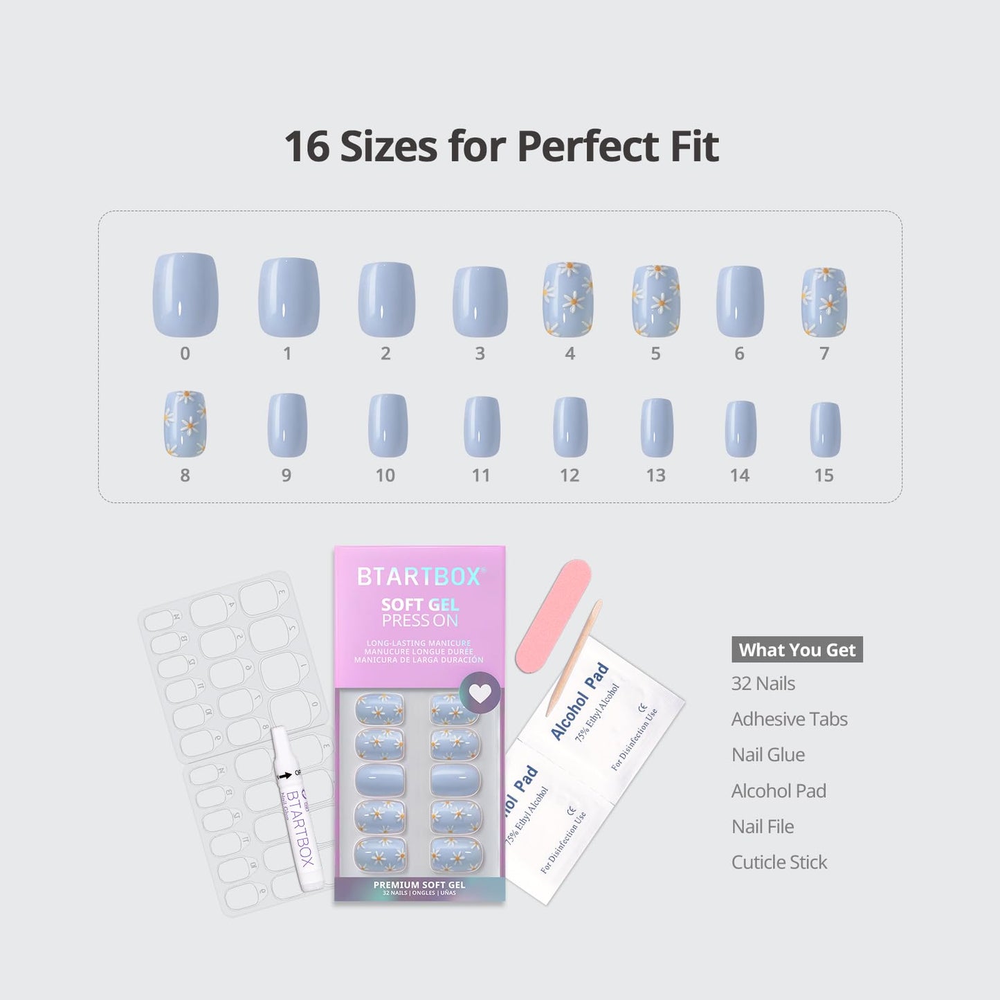 BTArtbox Press On Nails Short - Porch Sky, Easy-to-Apply 3D Flower Pastel Square Press On Nails with Glue and Adhesive Tabs in 16 Sizes - 32 Nails All-in-One Kit