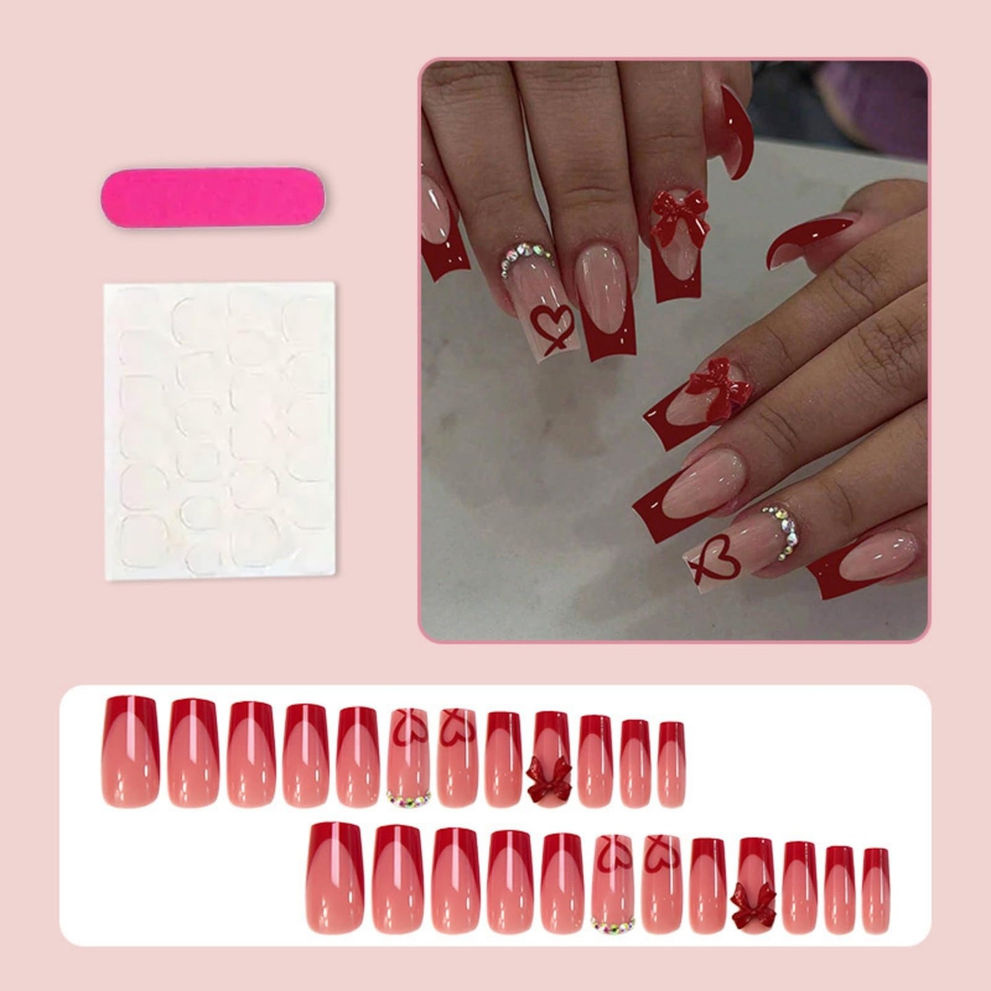 Red Press on Nails Heart Fake Nails Medium Square Nail Press ons with French Tip Design Bow Glue on Nail Glossy Full Cover Artificial Acrylic Manicure for Women Girls 24Pcs