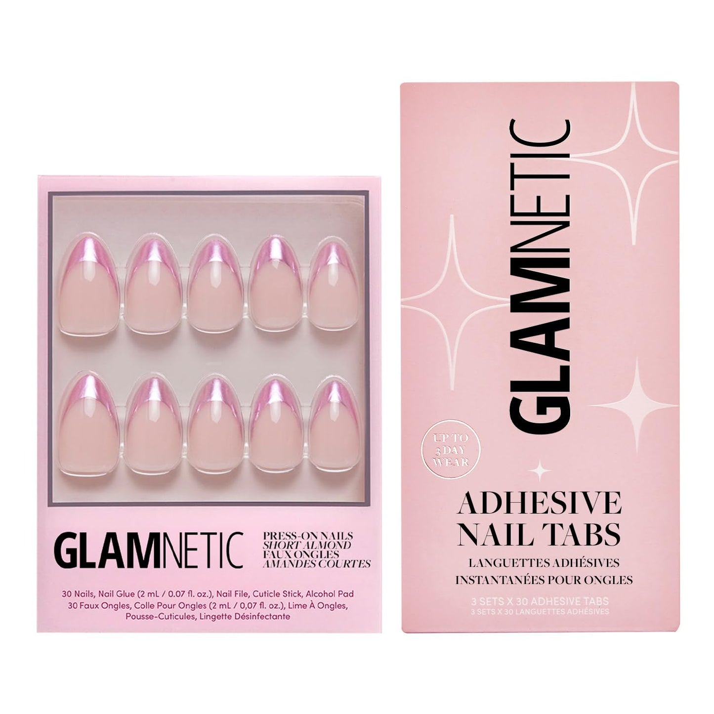 Glamnetic Press-On Nails & Adhesive Nail Tabs - Rock Candy | Short Almond Nails with Pink Chrome French Tips | 15 Sizes - 30 Nail Kit with Adhesive Tabs