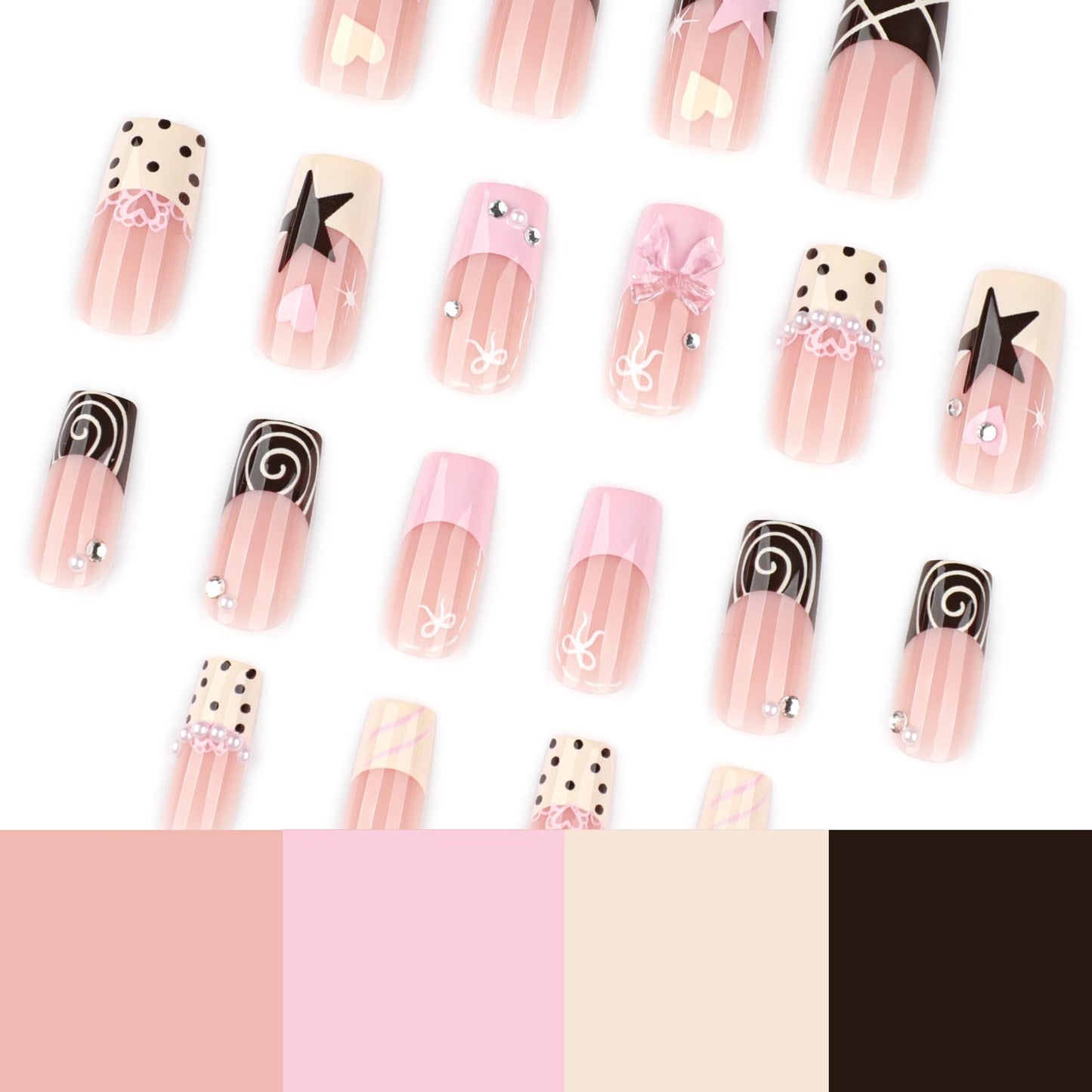 plalely Press on Nails French Tip, Handmade Acrylic Press on French Tip Nails with Flower Designs，Long Square Nail Press Ons for Women 24pcs
