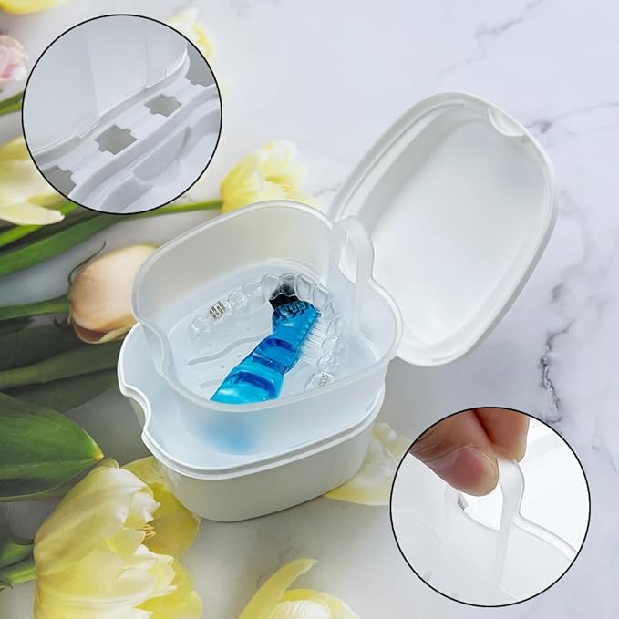 2pcs Denture Bath Retainer Case, Dentaure Cups for Soaking Dentures with Strainer Basket Tray,Compact and Pportable Design, Suitable for Traveling (Pink+White)