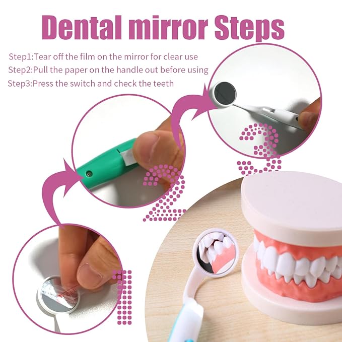 2 Pcs Dental Mirror with Light Tool LED Lighted Teeth Inspection Mirror Anti Fog Curve Angle Dentist Oral Care Tool (Red)